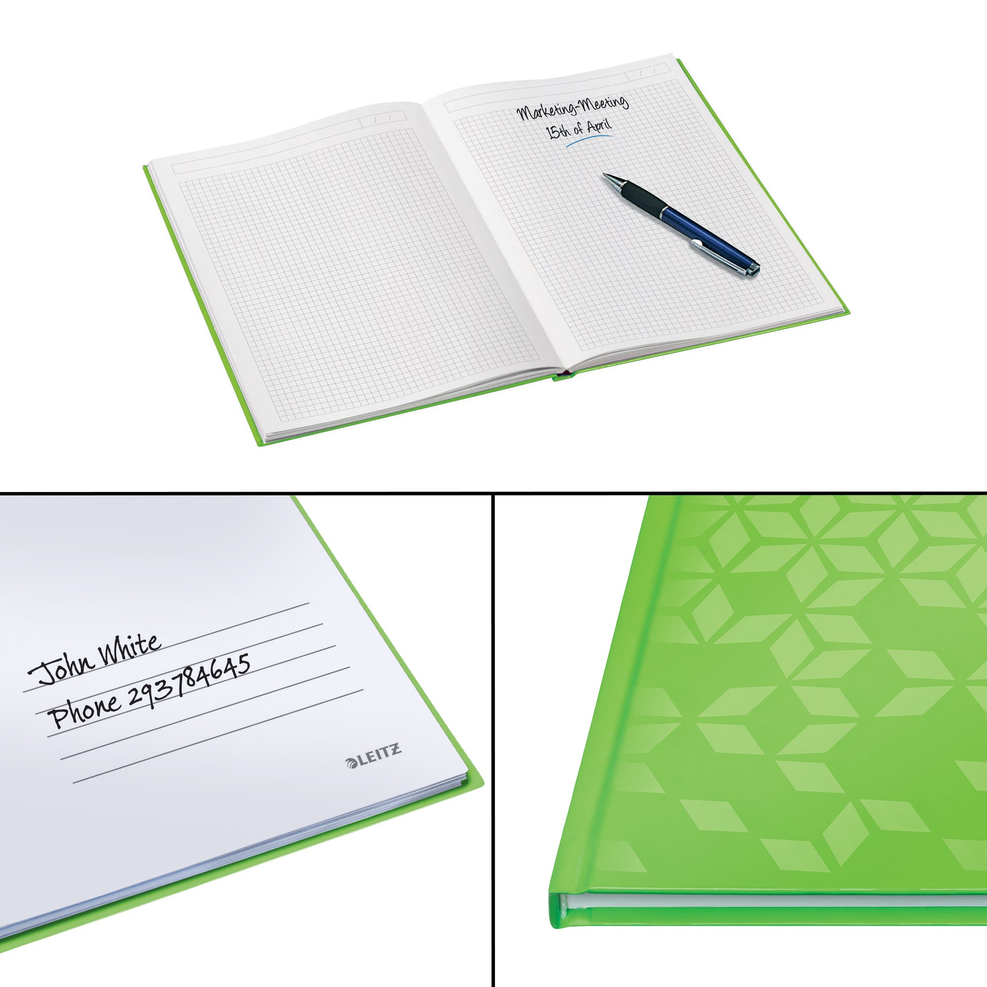 Leitz Notizbuch A5, kariert, Fadenheftung, Karton, 160 Seiten, ohne Perforation, 90 g/m² – grün