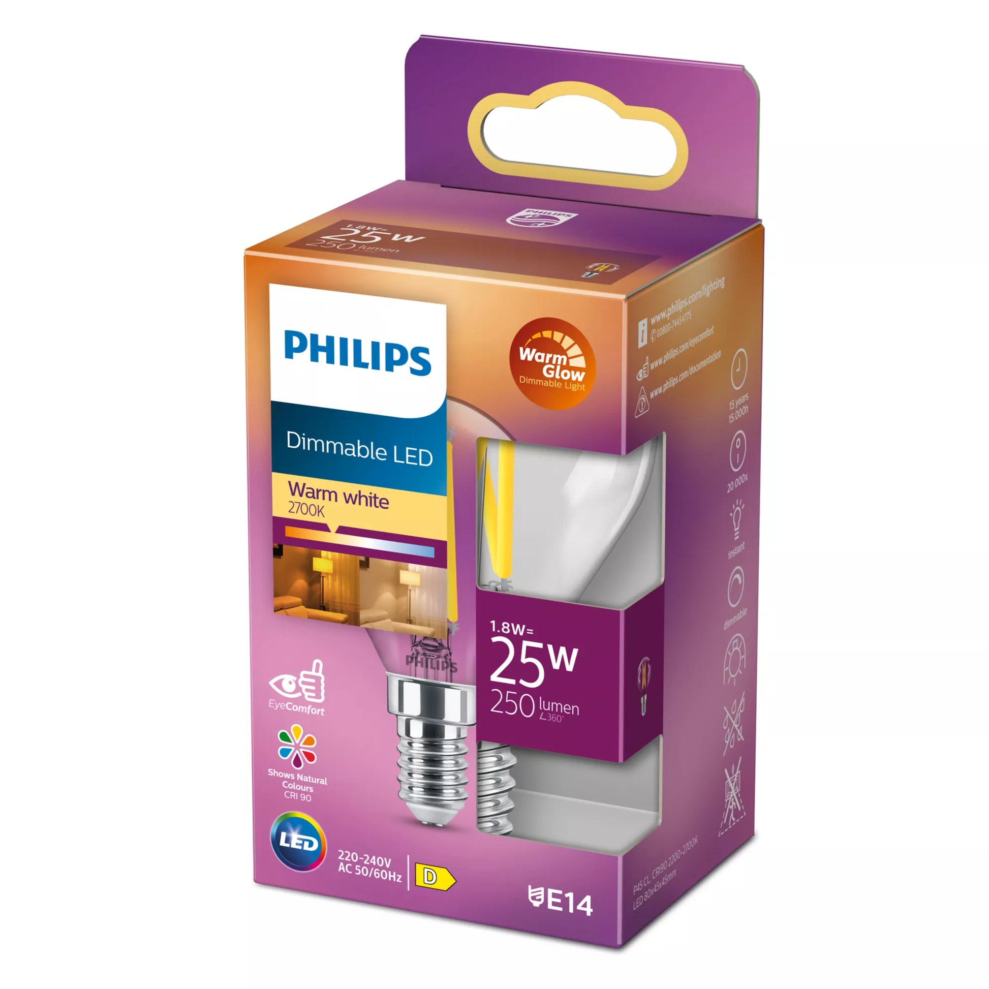 Philips by Signify Philips Leuchtmittel E14 P45 – Warmweiss 2200–2700 K, 340 lm, 2,5 W, dimmbar – 1 Stk. – Transparent, Glas