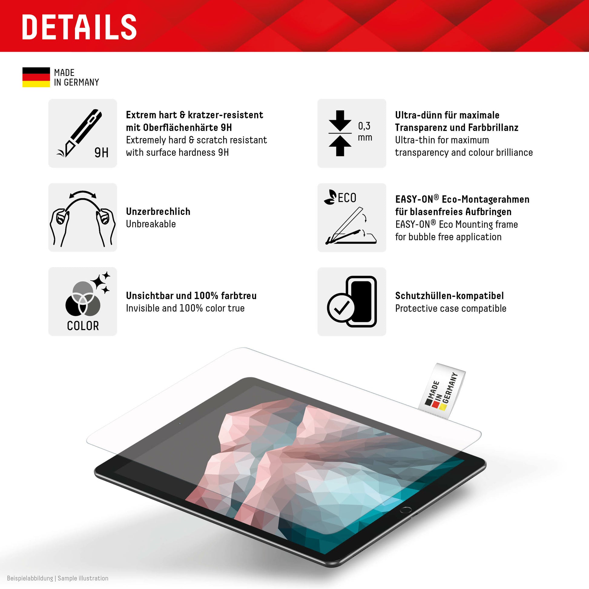 E.V.I. Panzerglas für iPad Air 13" (1. Gen.) – 9H, Anti-Fingerprint