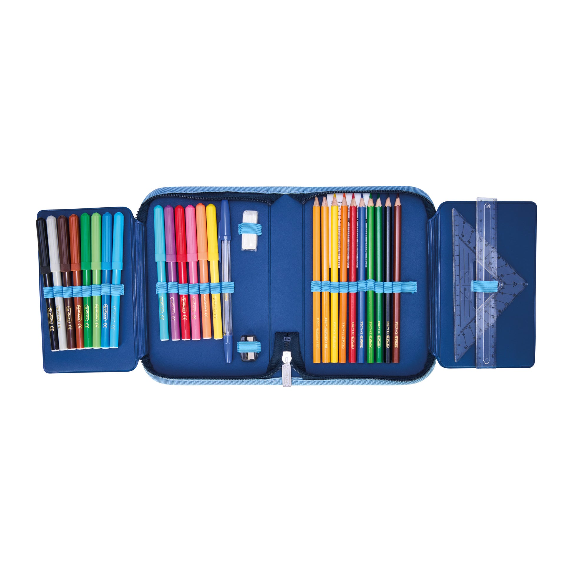 Herlitz Cosmic Explorer – Schüleretui, gefüllt (31-teilig), blau, hellblau, Polyester, 20,5 × 14 × 3,8 cm