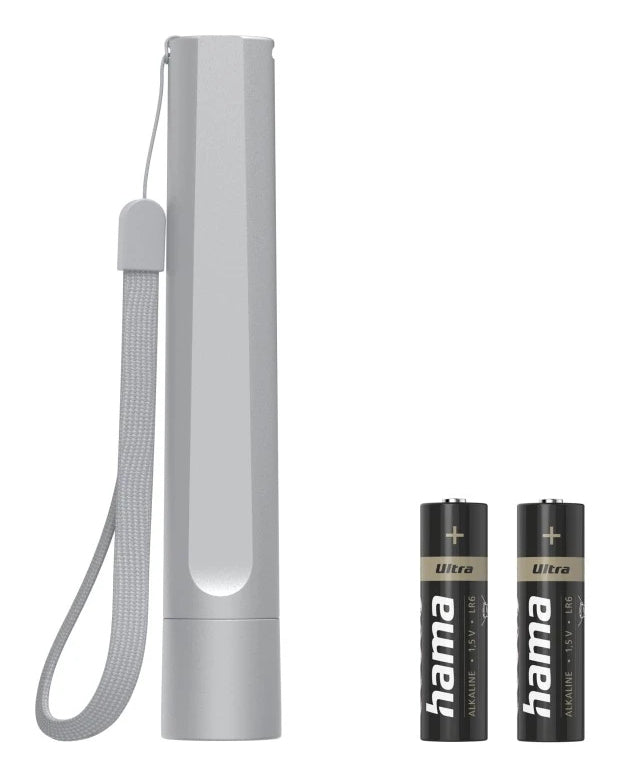 Hama Taschenlampe FL120 – 120 lm, 50 m, Batteriebetrieb (2× AA, inkl.) – Silber