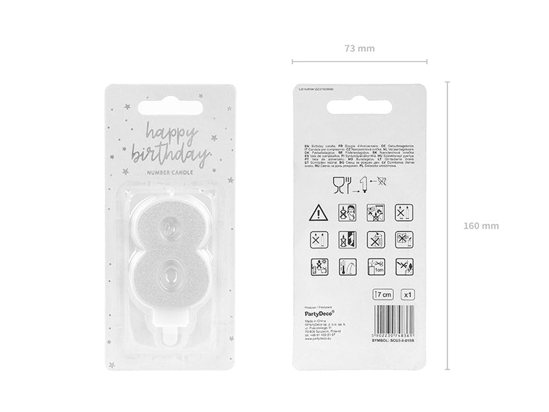 PartyDeco Geburtstagskerzen Zahl 8 – Silber – 5 × 7 cm – 1 Stk