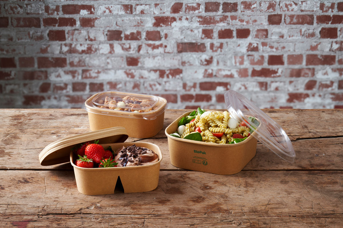 BioPak Take-away-Box, Papier/Karton, PLA-beschichtet – 1,2 l, 172 × 170 × 65 mm, braun – FSC – 40 Stk.