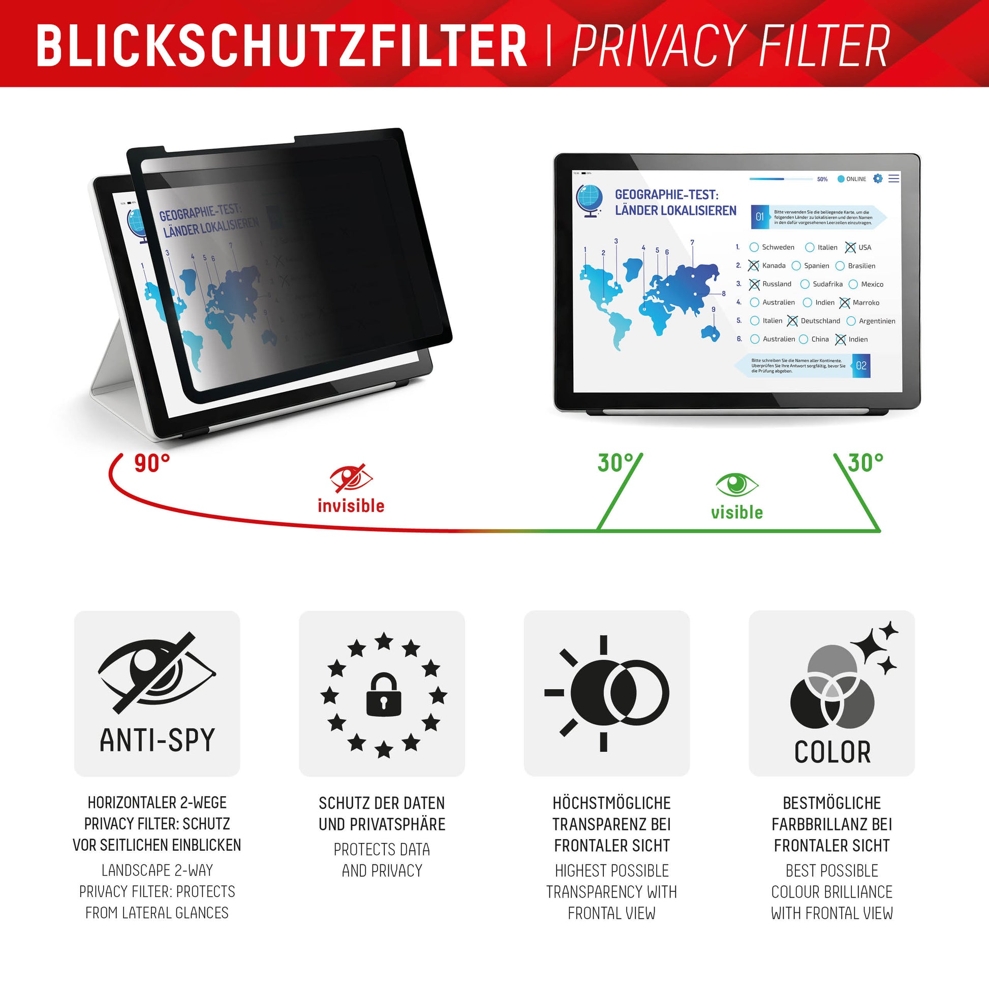 Displex Blickschutzfilter 10,9", 3H, Anti-Fingerprint – für iPad 10,9/11", iPad Air 11"
