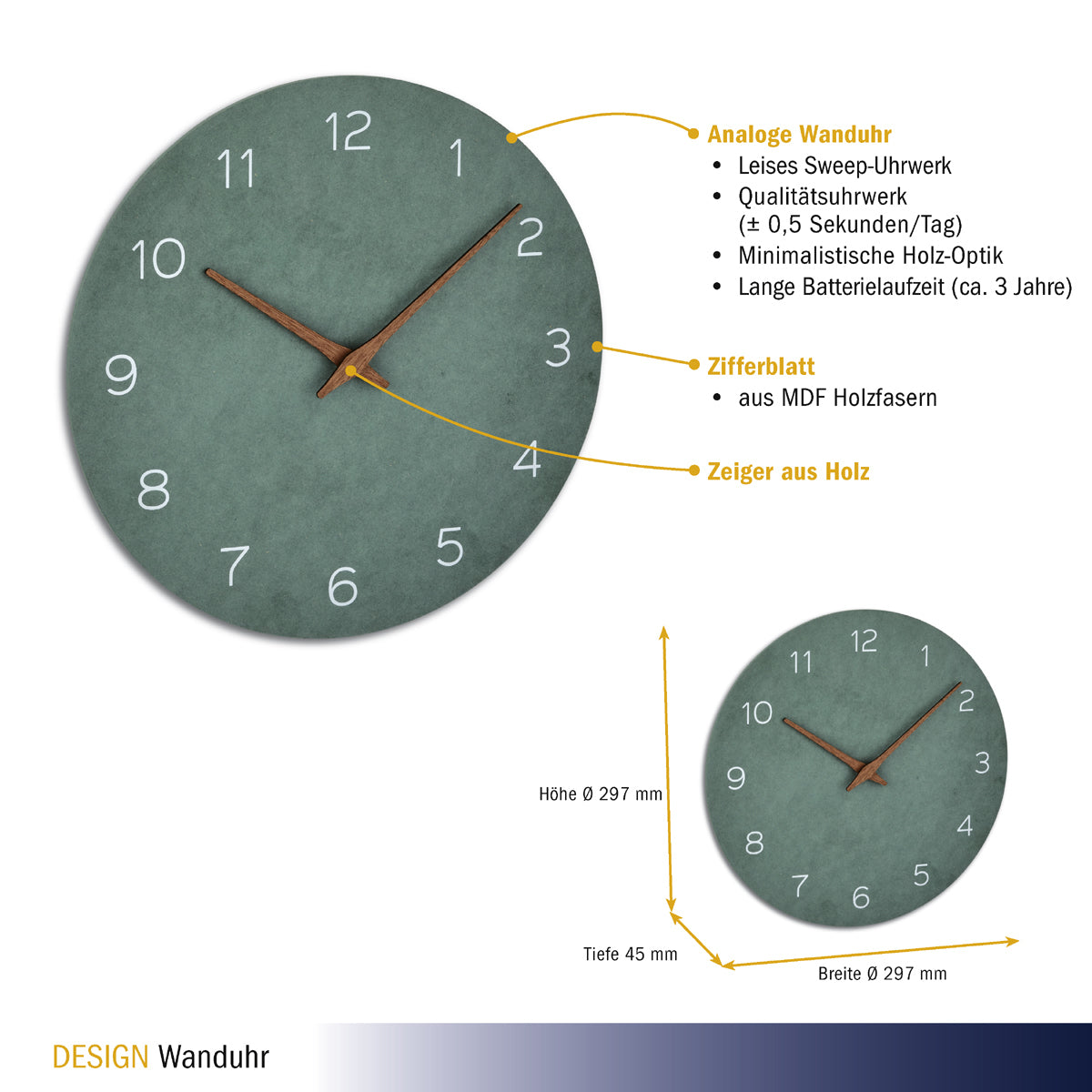 TFA-Dostmann TFA Dostmann Wanduhr – Analog, Lautlos, Ø 29,7 cm, Schwarz, Holz