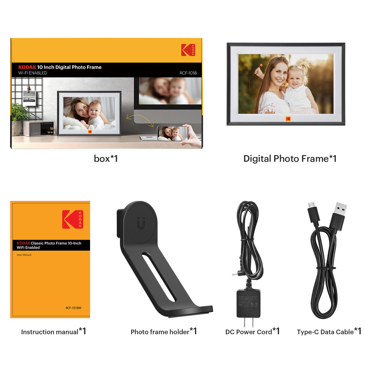 Kodak RCF-1018 Digitaler Bilderrahmen – 10,1" – 1280 × 800 (WXGA), IPS – WLAN, USB-C – microSD – Weiss