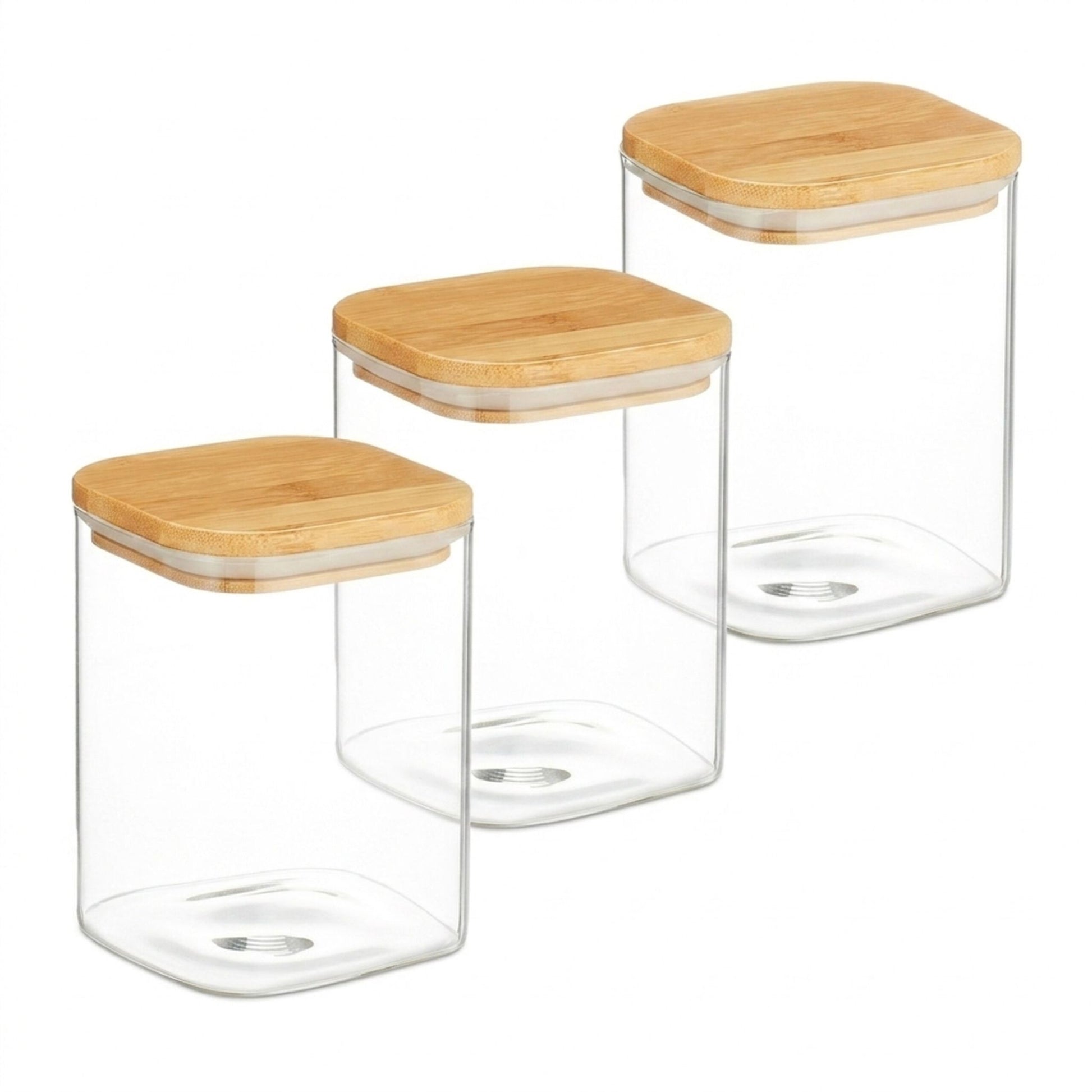 Relaxdays Vorratsdose 3er-Set 900 ml, 10 × 10 × 13,5 cm, Glas/Bambus/Silikon, Transparent/Natur