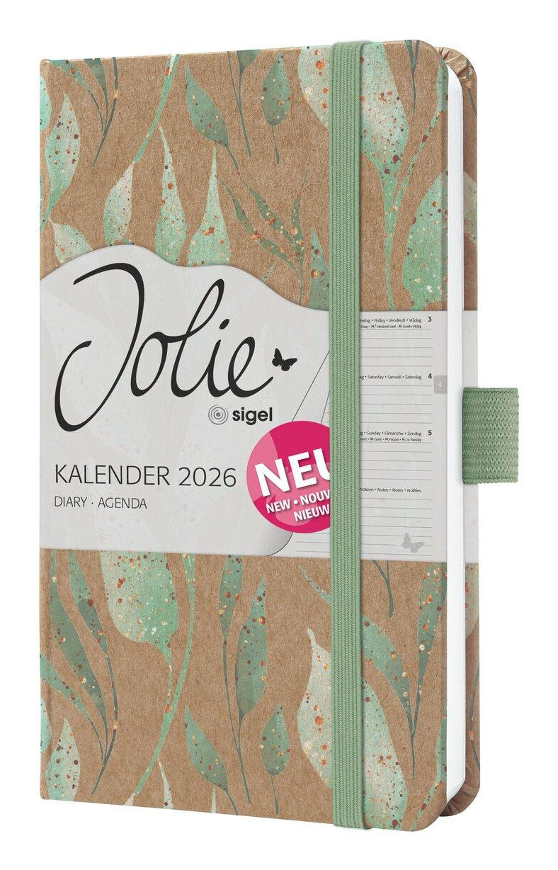 Sigel JOLIE Pure Agenda – 1 Woche/2 Seiten, gebunden, A6, Jan–Dez, 2026, mehrsprachig, Sparkle Leaves, FSC