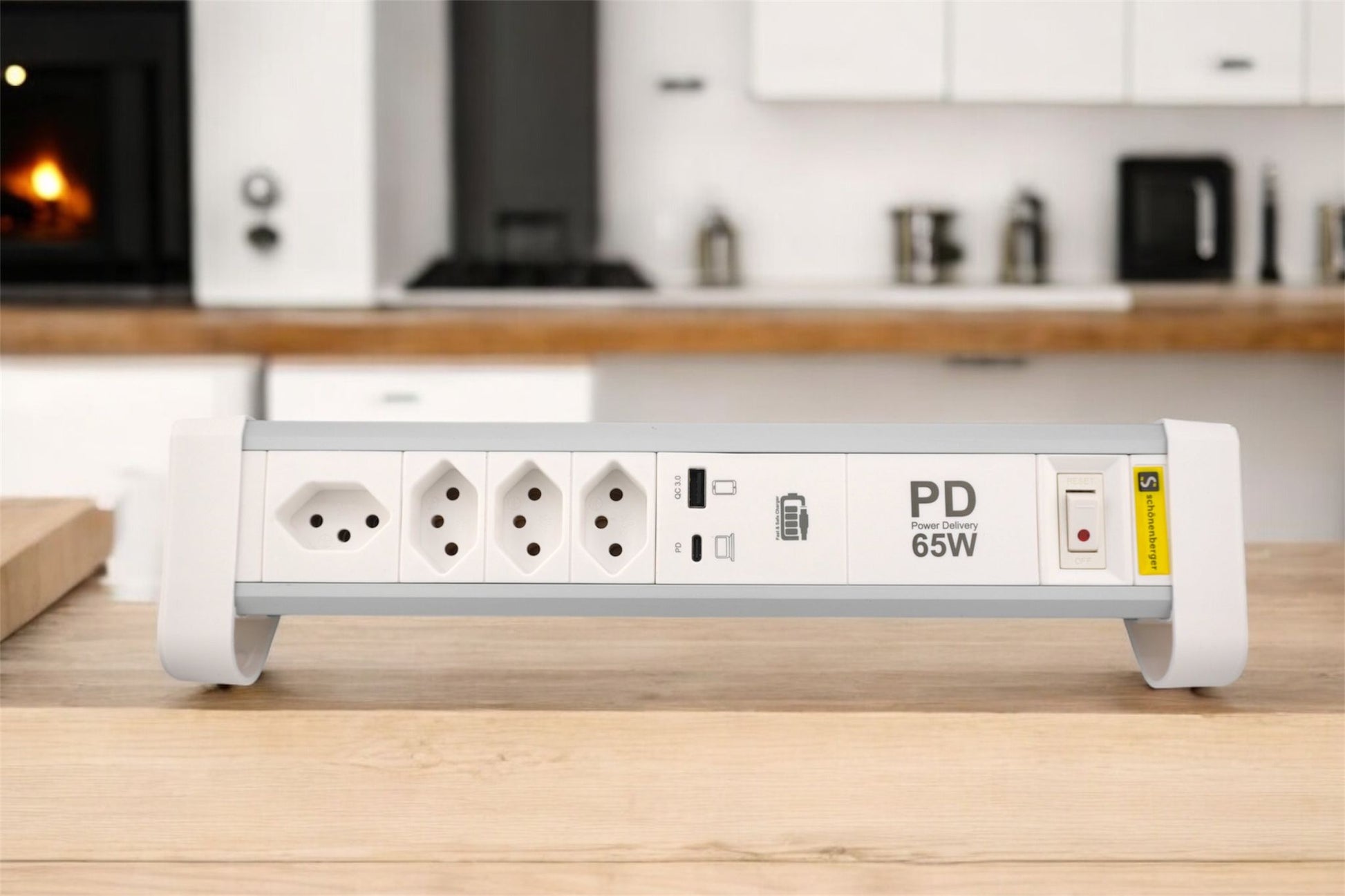 M. Schönenberger Schönenberger Tischsteckdosenleiste, 4×T13, 3×USB (65 W), 2 m, Aluminiumgehäuse, mit Schalter – Silber/Weiss