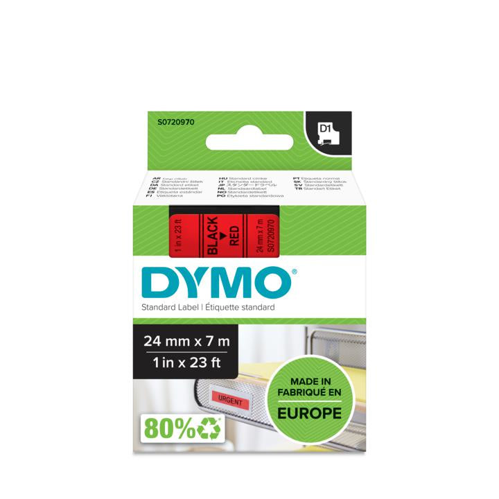 DYMO D1 Schriftband – Schwarz auf Rot – 24 mm × 7 m, Polyester – für DYMO LabelManager, LabelWriter 450 DUO