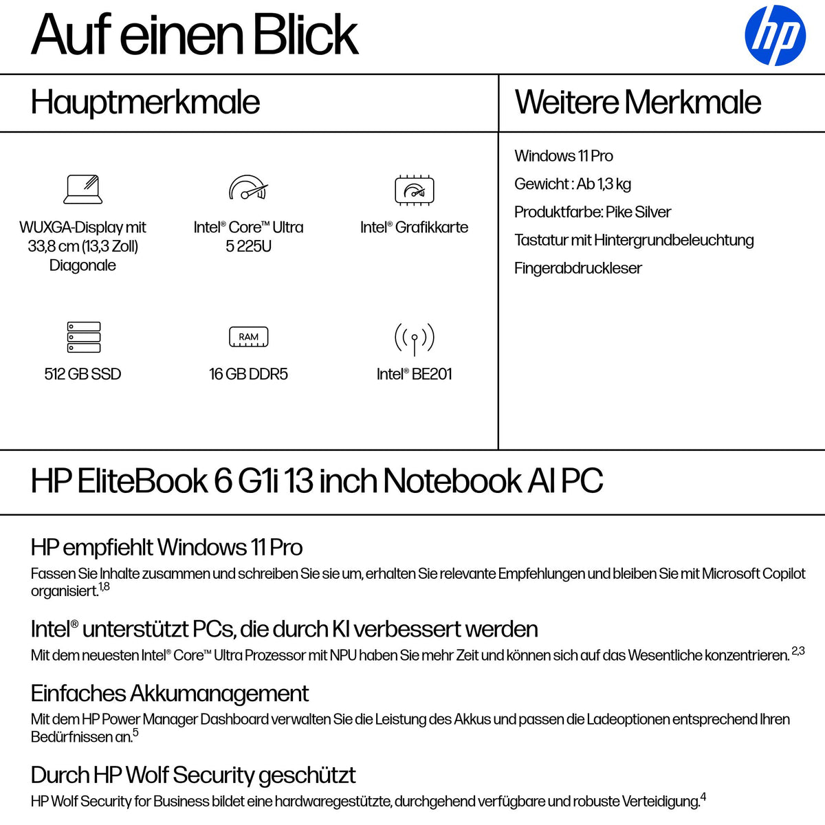 HP EliteBook 6 G1 – 13,3" WUXGA, Core Ultra 5 225U, 16 GB, 512 GB SSD, Win 11 Pro