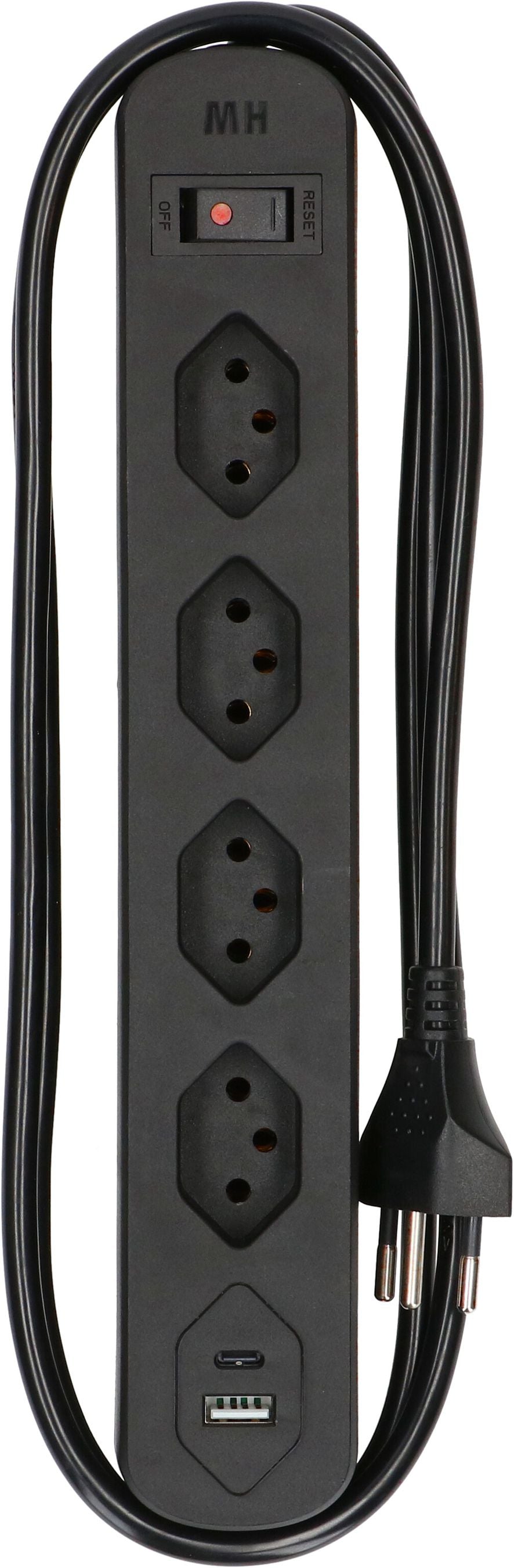Max Hauri AG Basic Line Steckdosenleiste – 4× T13, USB‑A/C 17 W, 1,5 m, mit Schalter, Schwarz