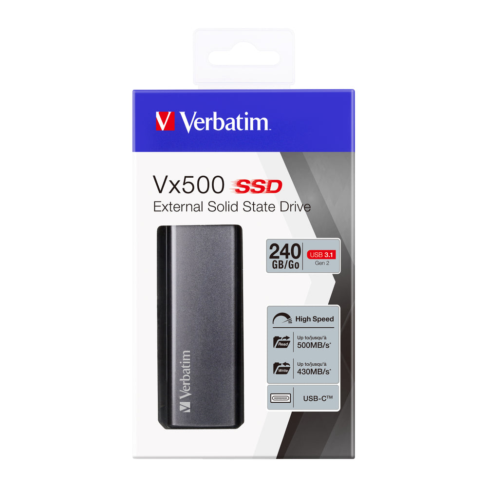 Verbatim Vx500 – 240 GB Externes SSD, USB-C 3.2 Gen 2, 500 MB/s, Silber
