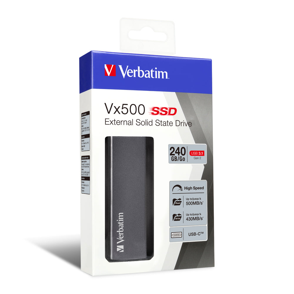 Verbatim Vx500 – 240 GB Externes SSD, USB-C 3.2 Gen 2, 500 MB/s, Silber