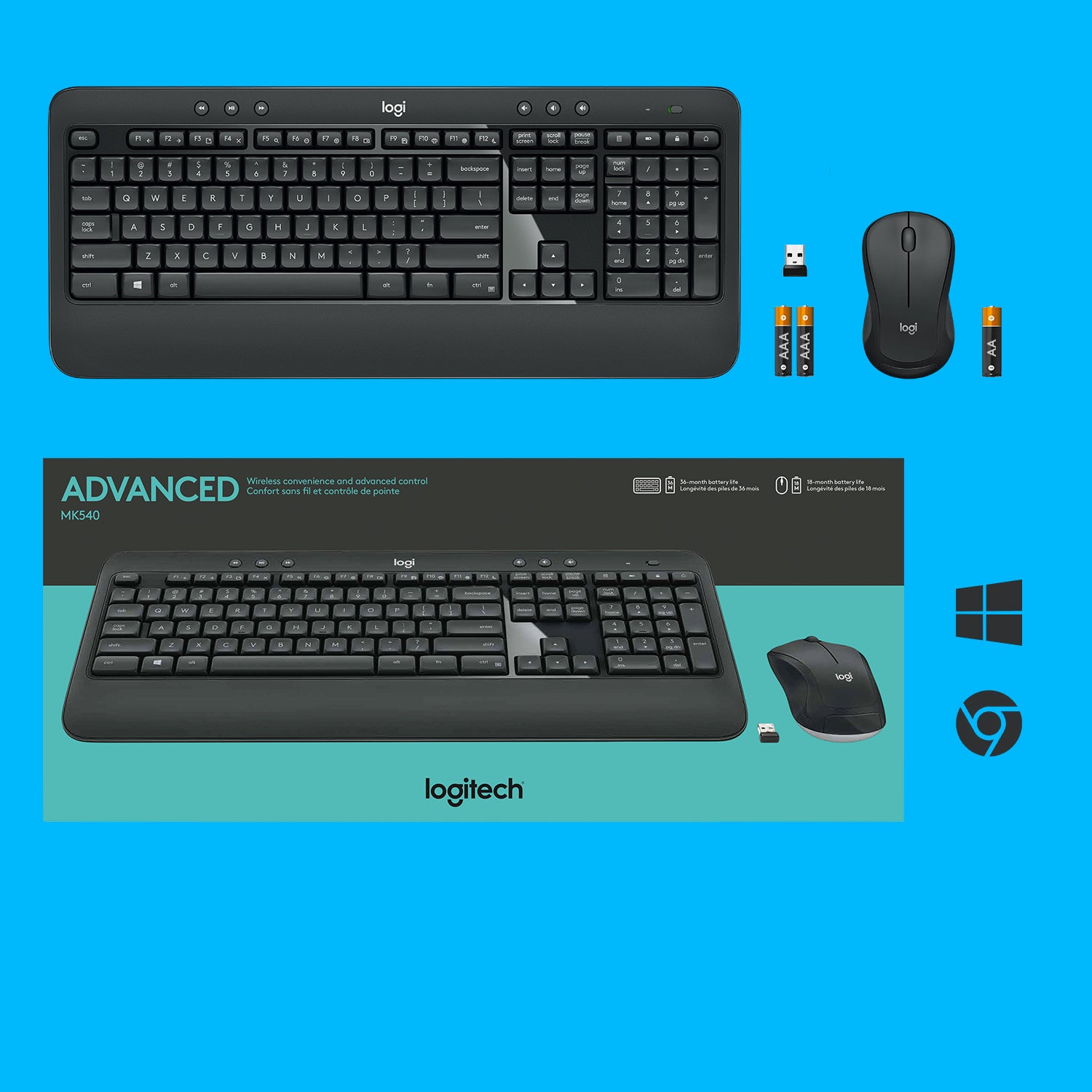 Logitech MK540 – Tastatur, kabellos (2,4 GHz), US-Layout (EN), Fullsize (mit Ziffernblock)
