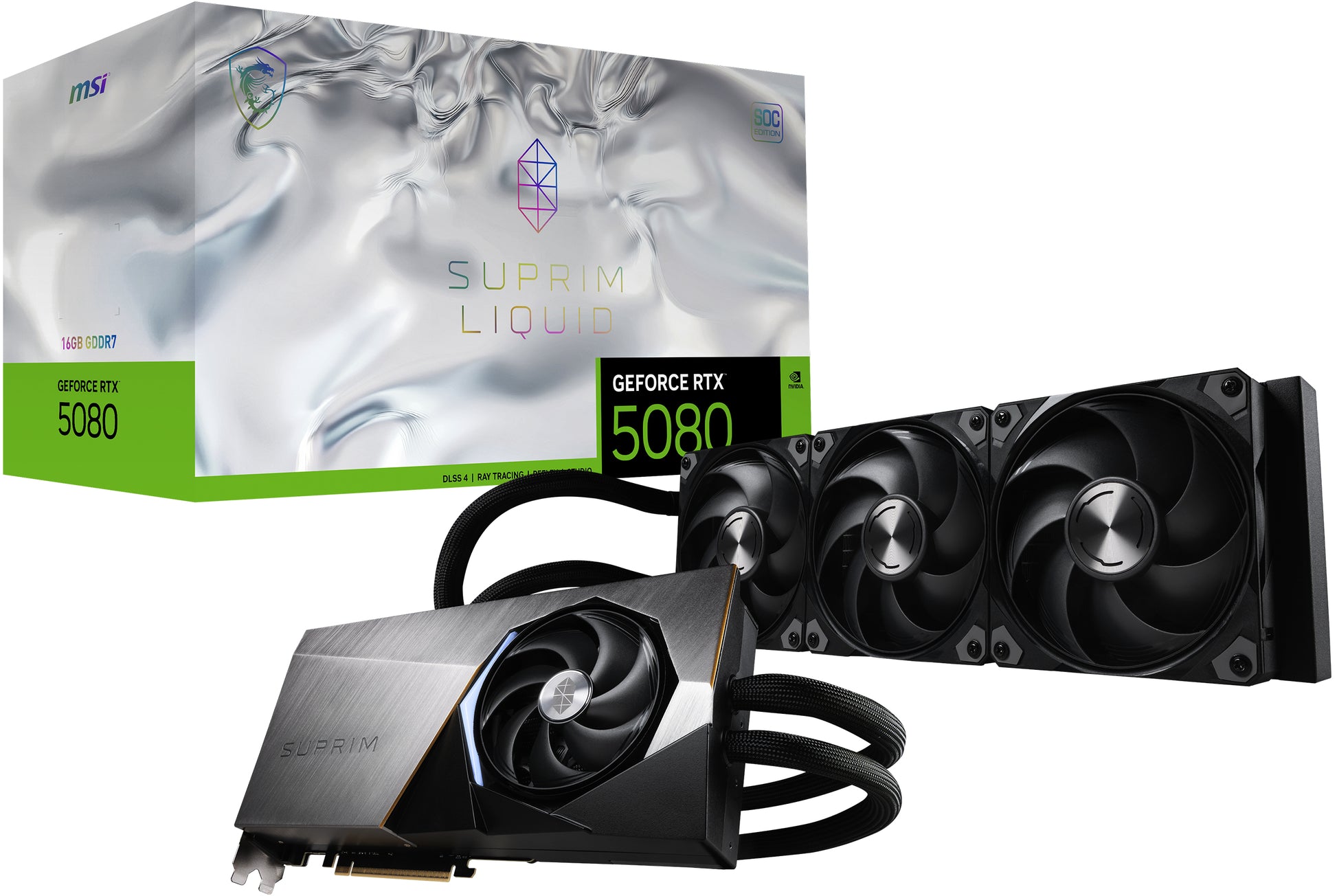 MSI GeForce RTX 5080 SUPRIM LIQUID 16G SOC – PCIe Grafikkarte – 3×DP, 1×HDMI, PCIe 5.0 x16, 360 W