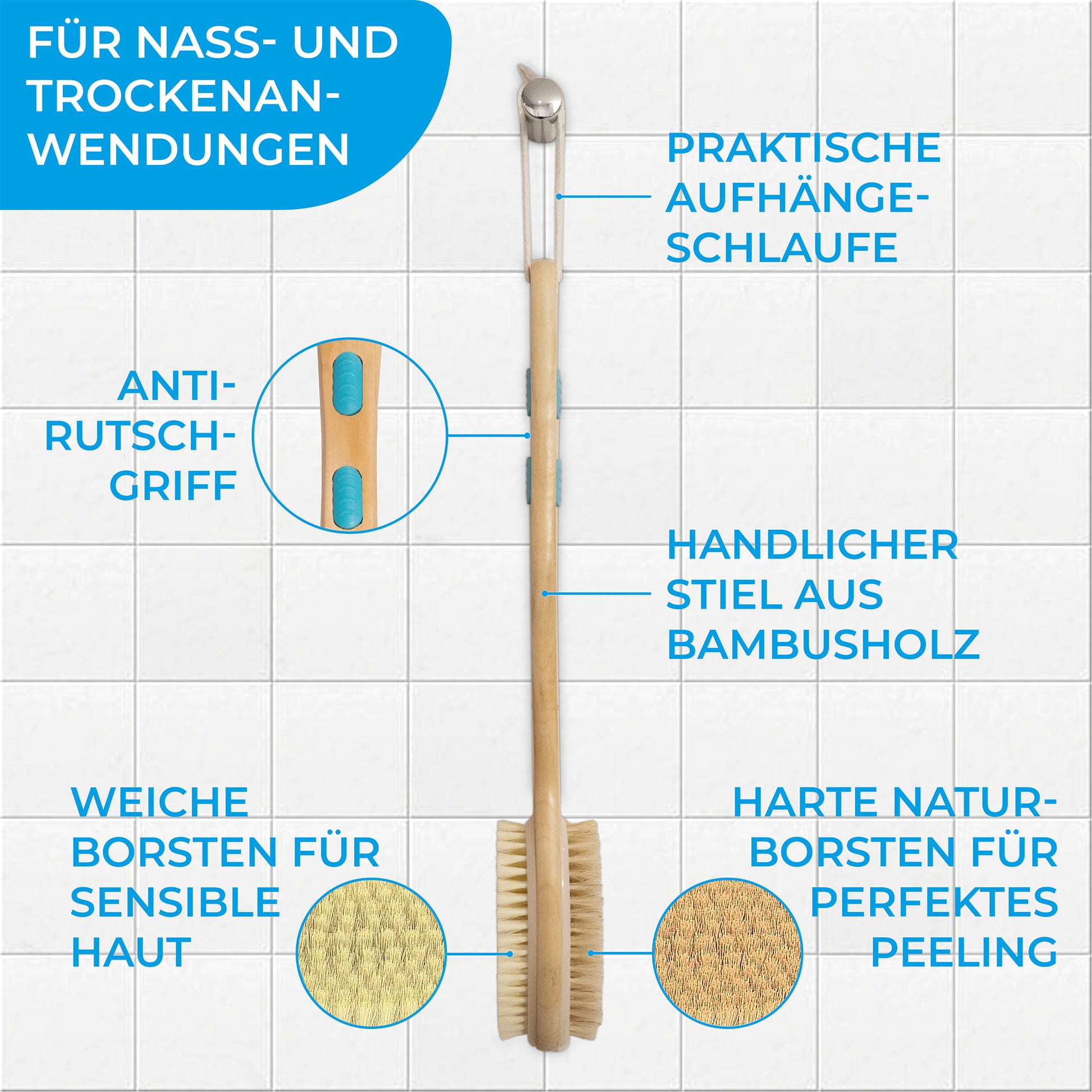 Quick Aid Massagebürste – Bambus – 44 cm – Beige – 1 Stk