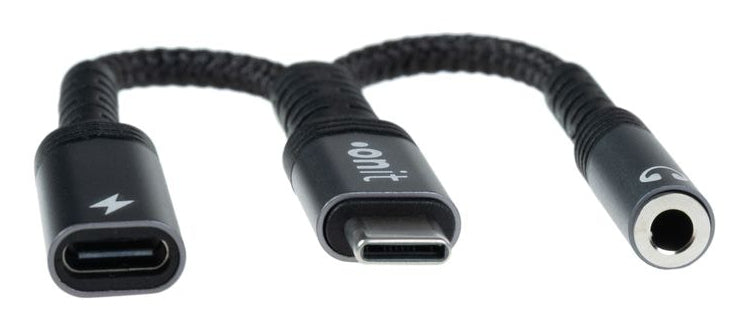 ONIT Multi-Kabel – 2-in-1 USB-C auf 3,5 mm Klinke/USB-C 0,14 m, PD 60 W, Schwarz – für USB-C Geräte