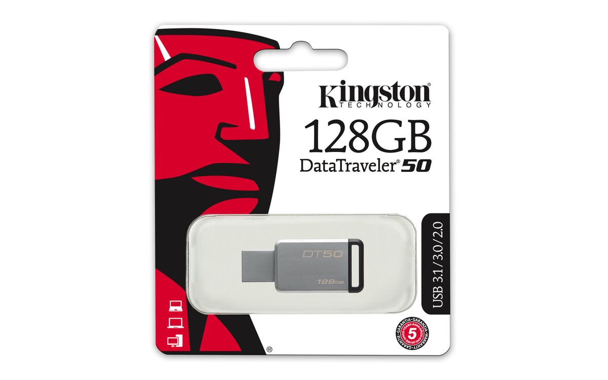 Kingston Technology Kingston DataTraveler 50 USB-Stick 128 GB – USB-A 3.2 Gen 1, 110/15 MB/s, ohne Deckel, Schwarz, Silber