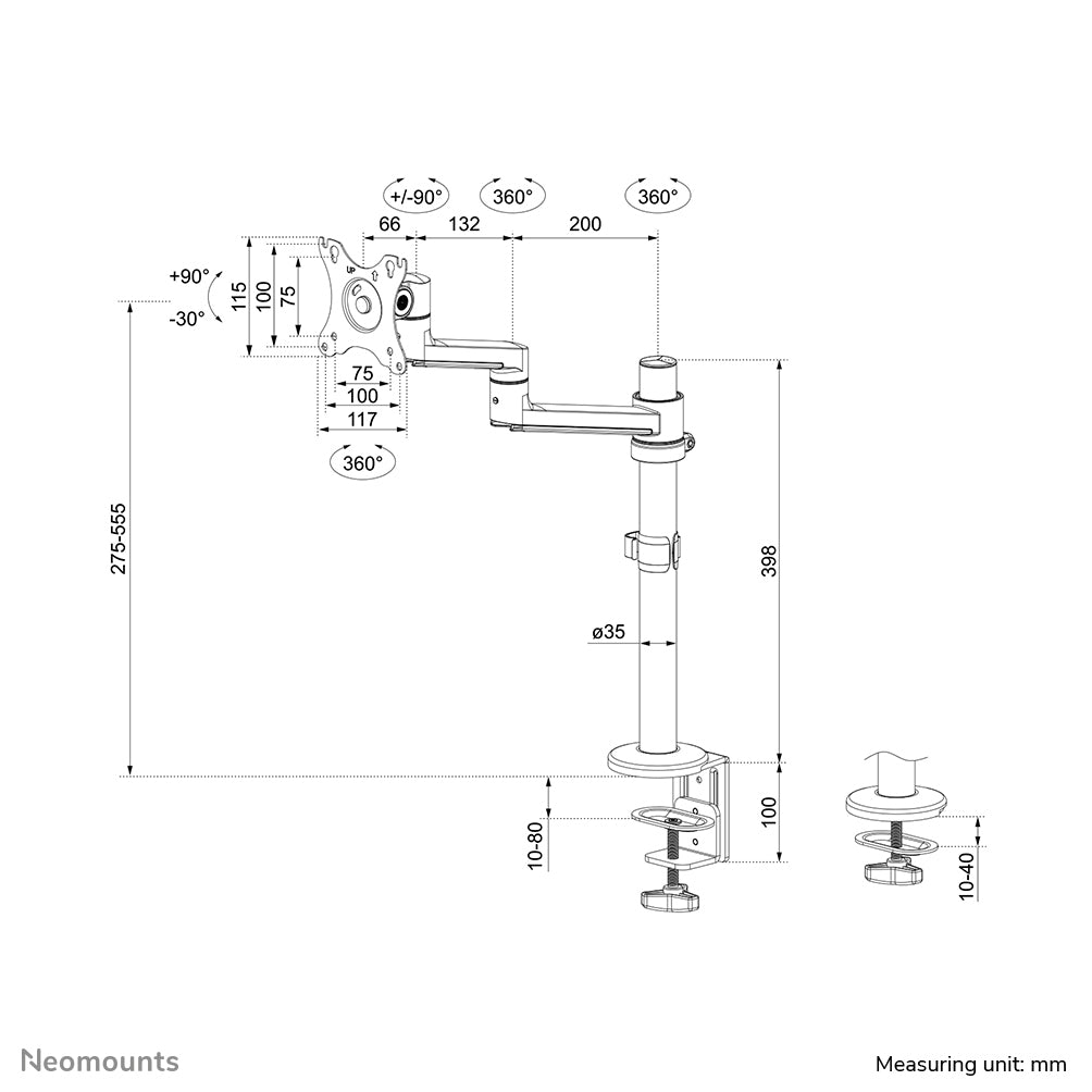 Neomounts DS60-425WH1 – Monitorarm, 1, Tischklemme, bis 27", VESA 75 × 75/100 × 100 mm, 8 kg, weiss