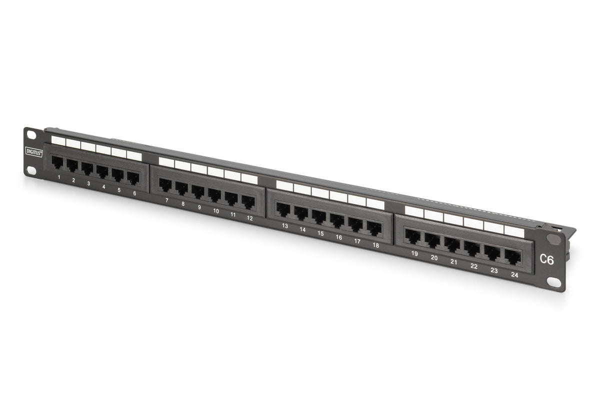 Digitus Patchpanel Cat6 – 24× 1G RJ‑45, ungeschirmt, PoE-fähig, 1U, schwarz