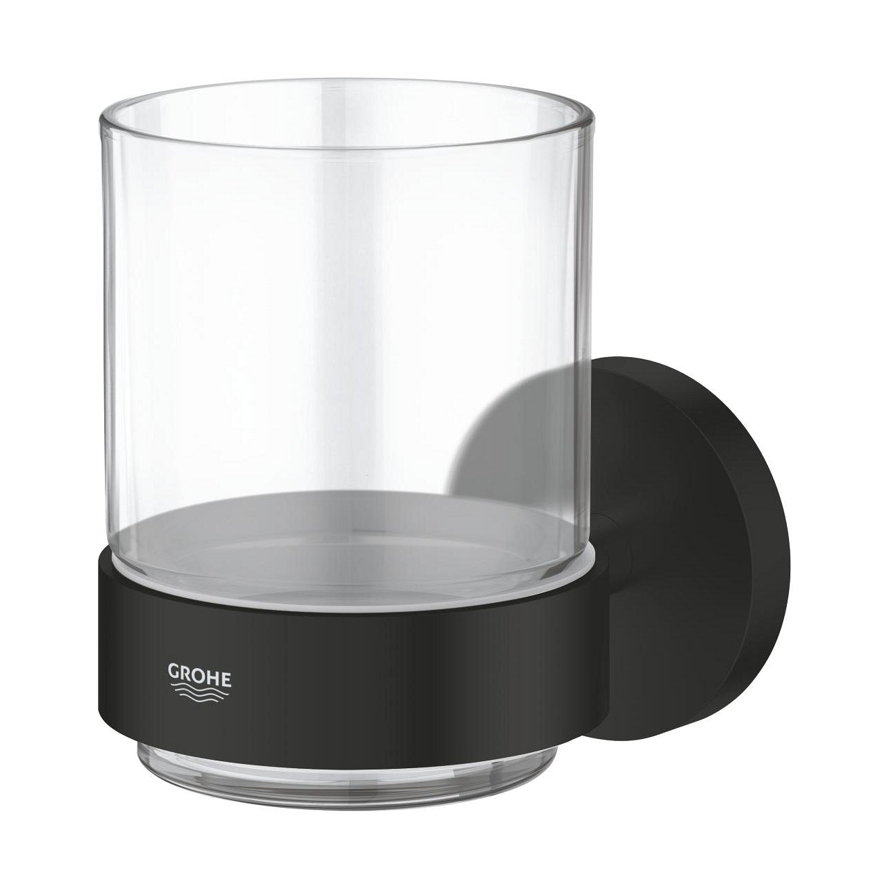 GROHE Start Zahnputzbecher – 10,6×9,9×10,6 cm, Metall/Glas/Kunststoff, Wandmontiert, Transparent/Schwarz