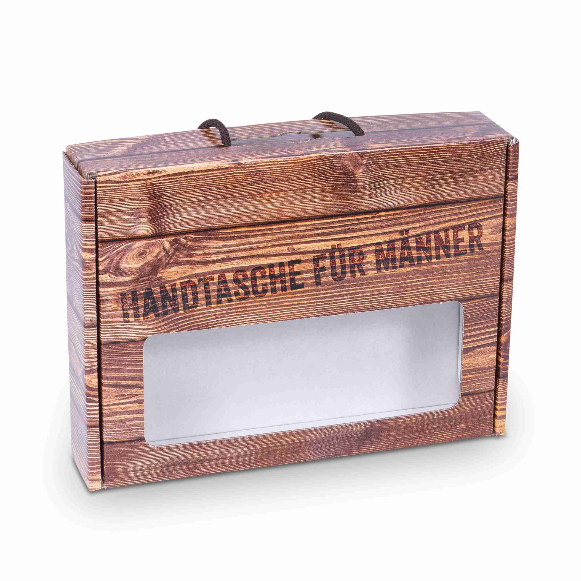 Model Geschenkbox Handtasche für Männer – 310 × 240 × 65 mm – Sichtfenster, Kordel – für 5 Flaschen à 0,33 l – 1 Stk., ab 50 Stk.
