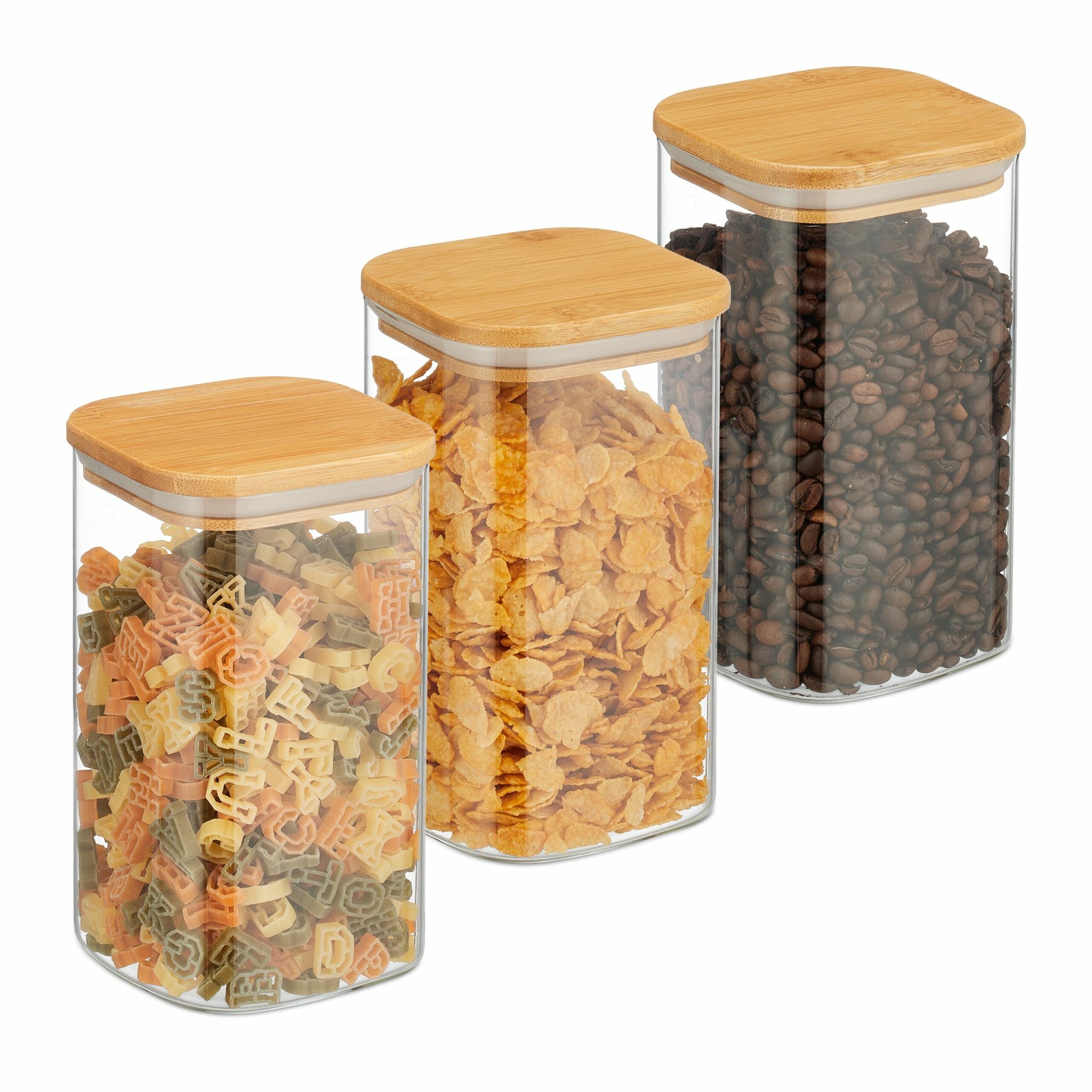 Relaxdays Vorratsdose 1,2 l, 10 × 10 × 17,5 cm, Glas (Borosilikat)/Bambus/Silikon, 3 Stk.