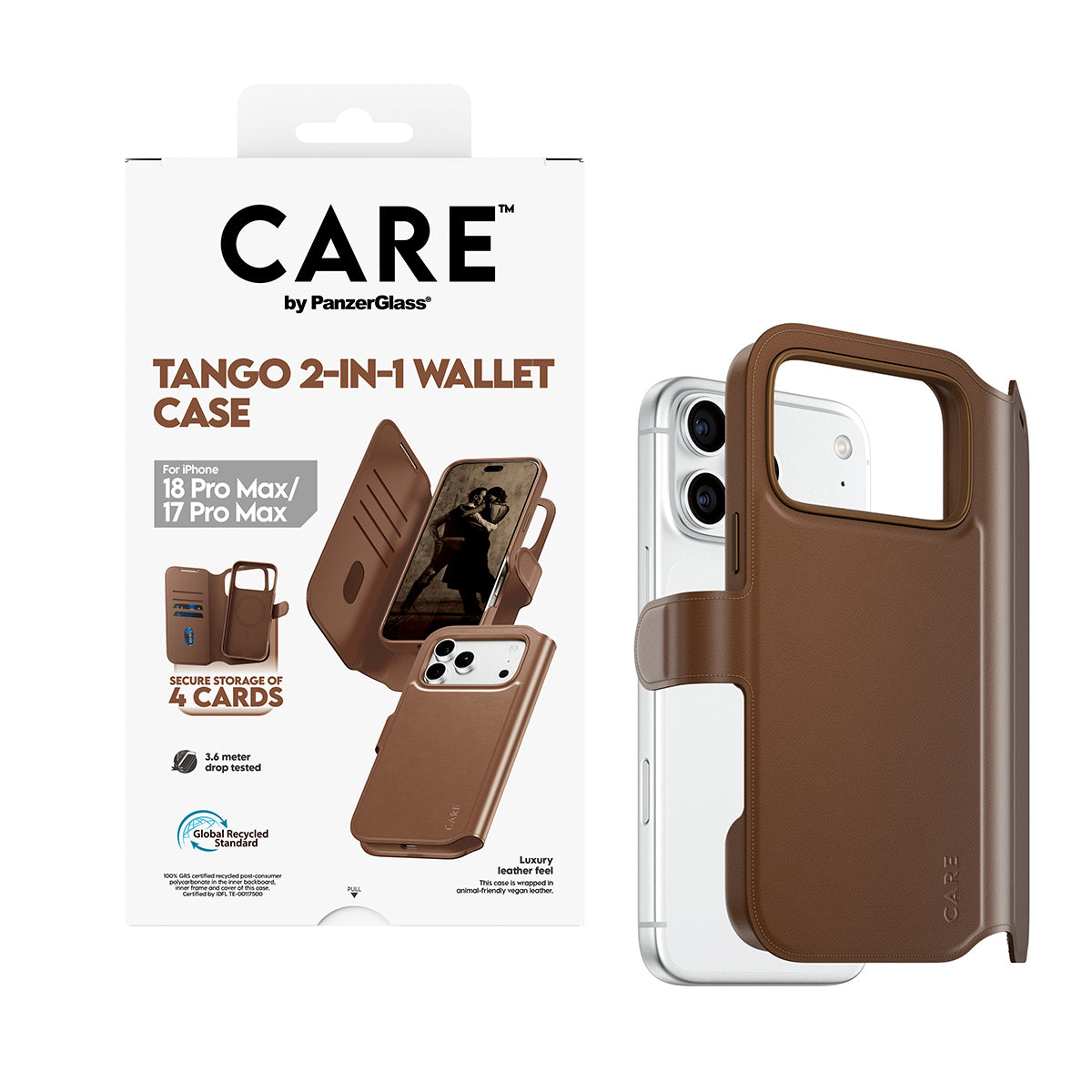 PanzerGlass CARE Tango Wallethülle – für Apple iPhone 18 Pro Max / iPhone 17 Pro Max, MagSafe, PC, Braun