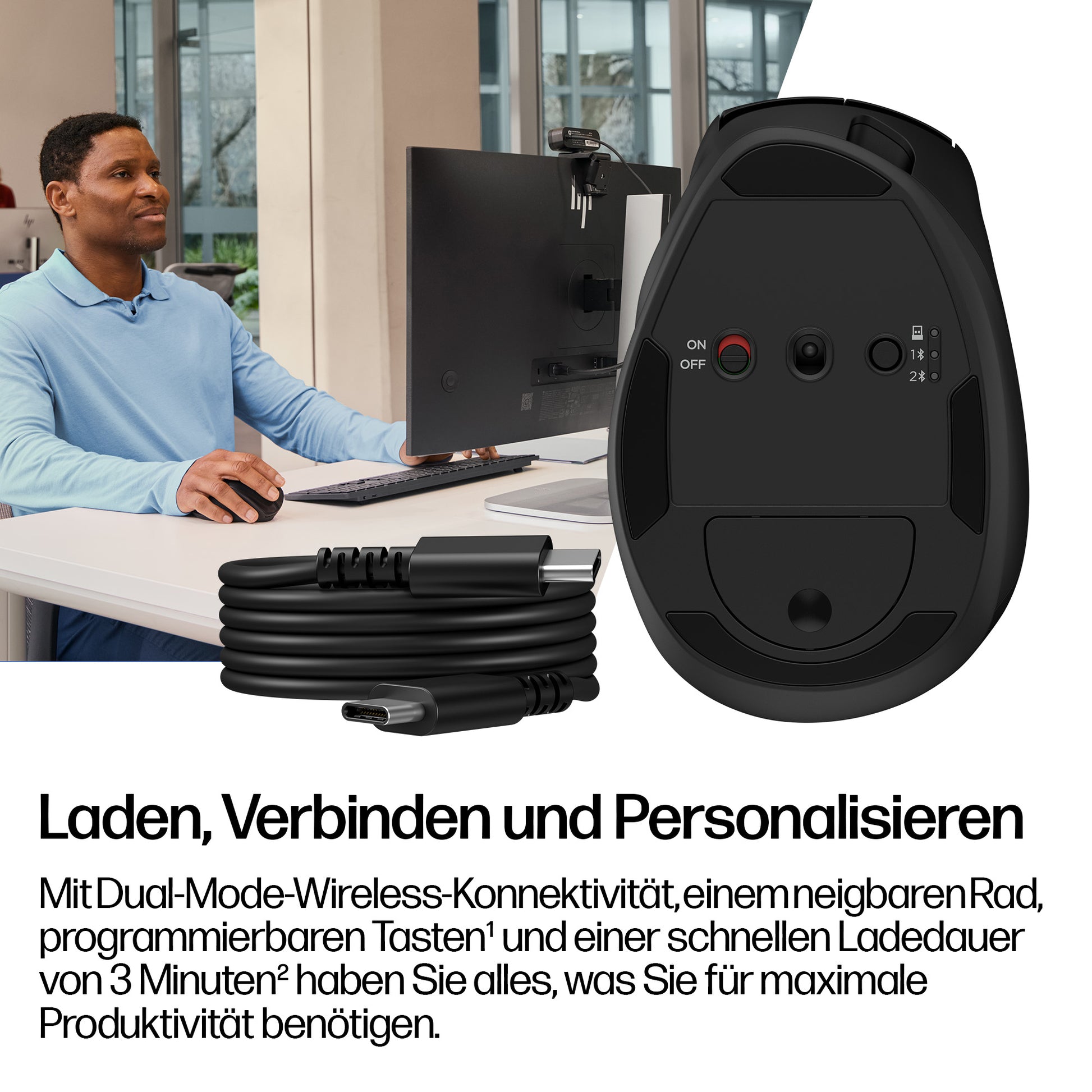 HP Tilt Ergonomische 720M – Maus – Kabellos (Bluetooth/2,4 GHz), Rechts, Schwarz
