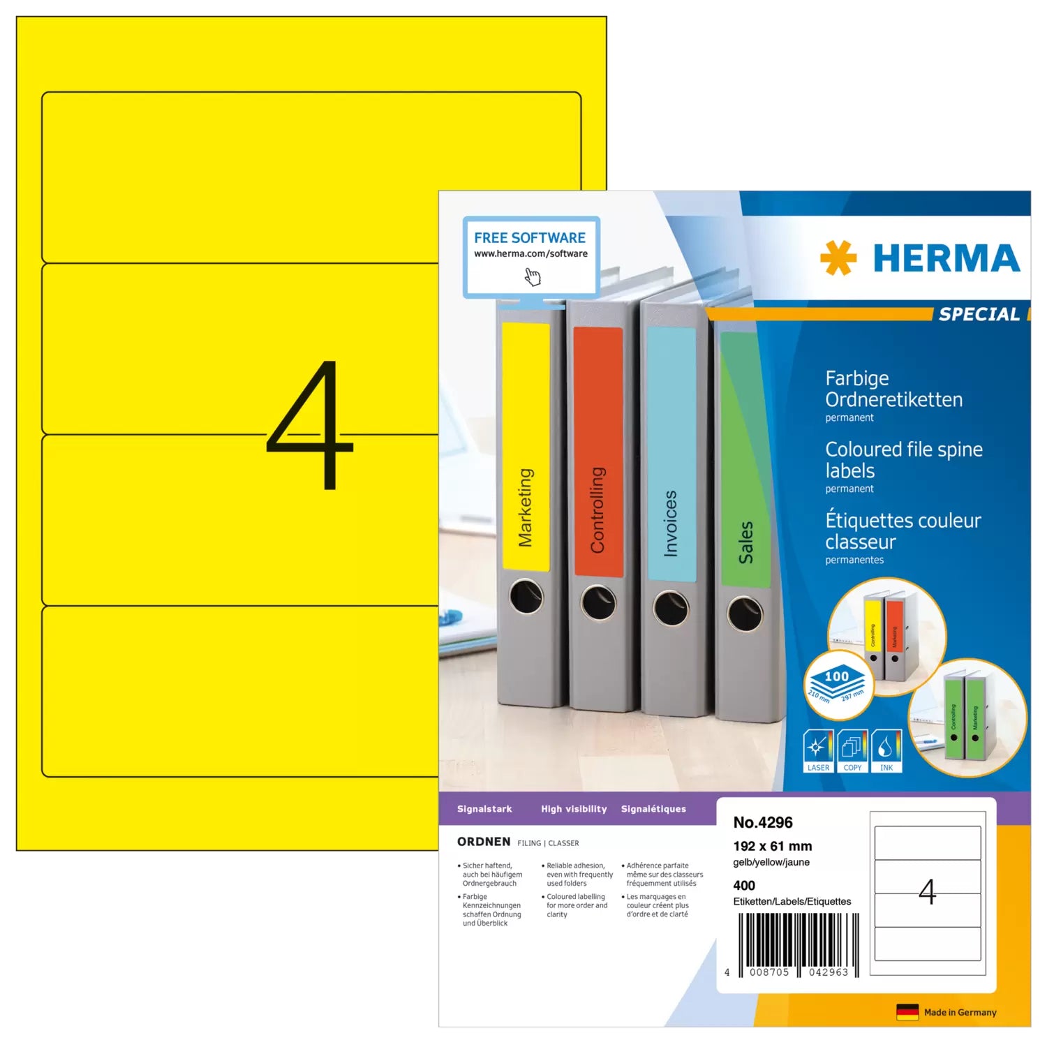 HERMA Ordneretiketten A4 192 × 61 mm – Papier, Gelb – Permanent haftend – 4 pro Blatt, 100 Blätter