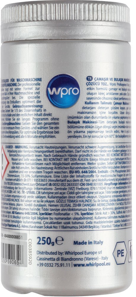 Wpro DES103 Entkalker für Geschirrspüler/Waschmaschine – Pulver, Kanister – 250 g