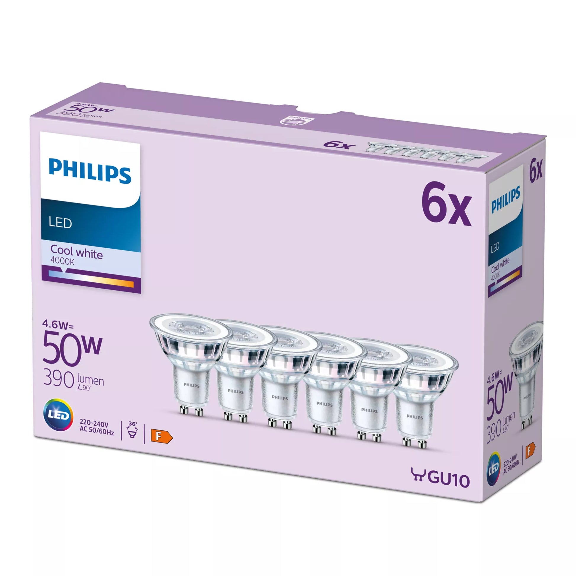Philips by Signify Philips Leuchtmittel GU10 Spot – Neutralweiss 4000 K, 390 lm, 4,6 W, 36° – 6 Stk. – Silber/Glas