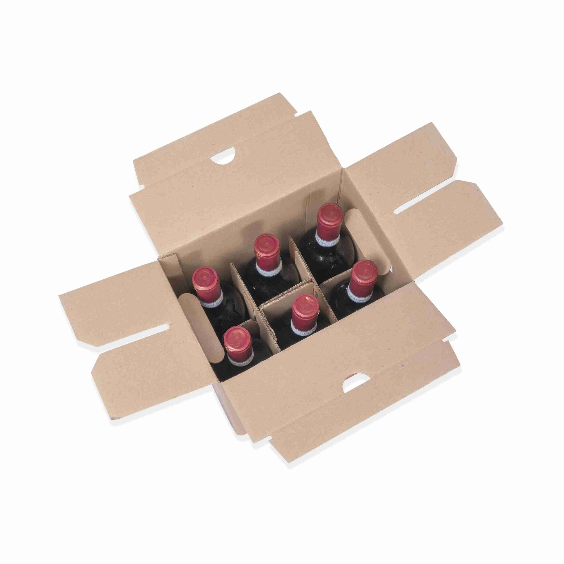 Model Weinversandkarton – für 6 × 0,75 l, max. 300 mm & Ø75 mm – 232 × 155 × 304 mm, braun, Wellkarton – 1 Stk., ab 100 Stk.