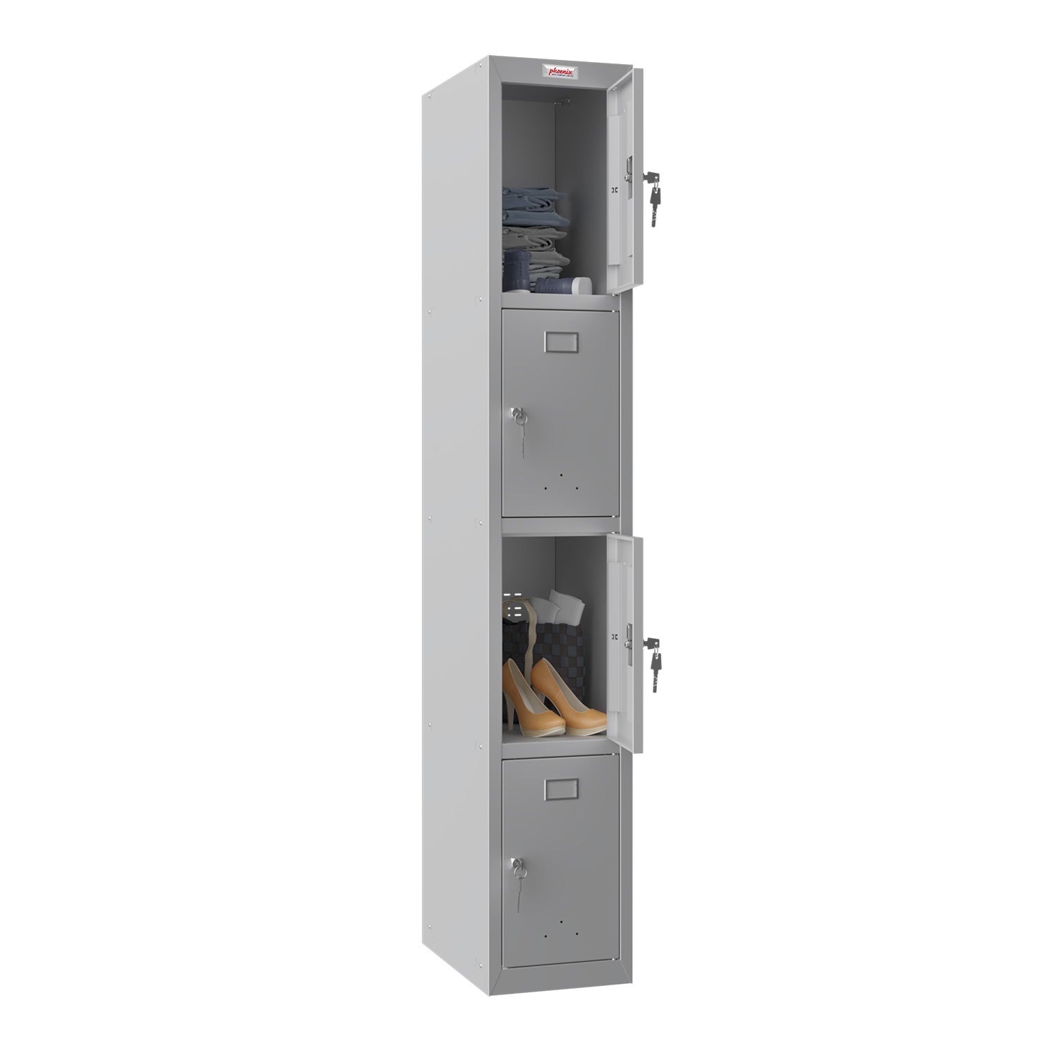 Phoenix Safe Co. PL1430 – Spind, 4 Fächer, abschliessbar, 300 × 500 × 1'830 mm, grau, Stahl