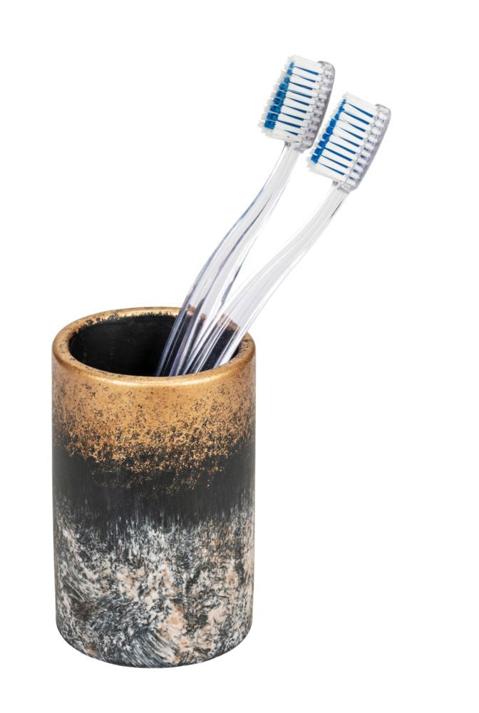 WENKO Zahnbürstenhalter (freistehend) – Beton, 6,9×6,9×9,6 cm, Grau/Schwarz/Gold