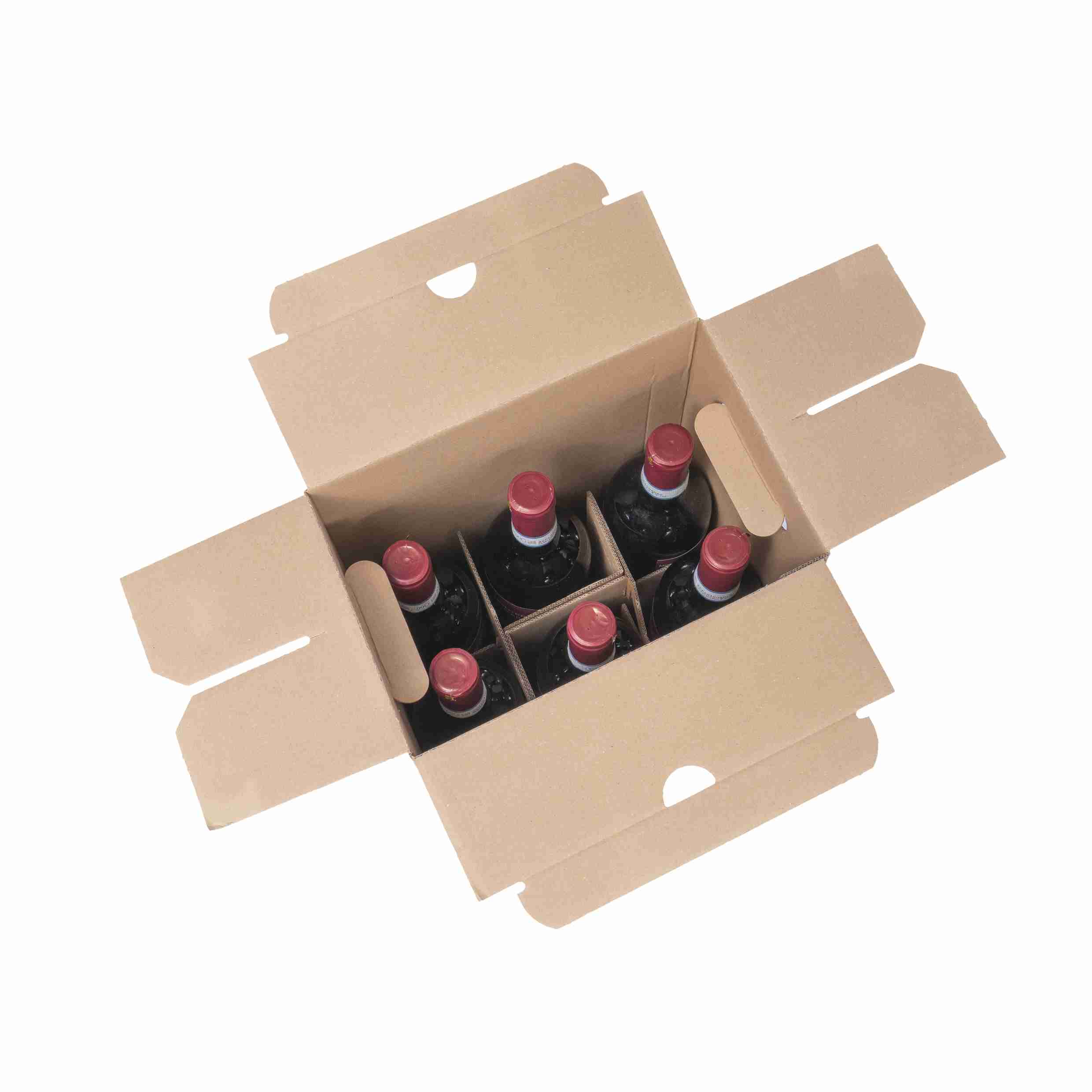 Model Weinversandkarton – für 6 × 0,75 l, max. 350 mm & Ø80 mm – 250 × 160 × 350 mm, braun, Einlage – 1 Stk., ab 200 Stk.