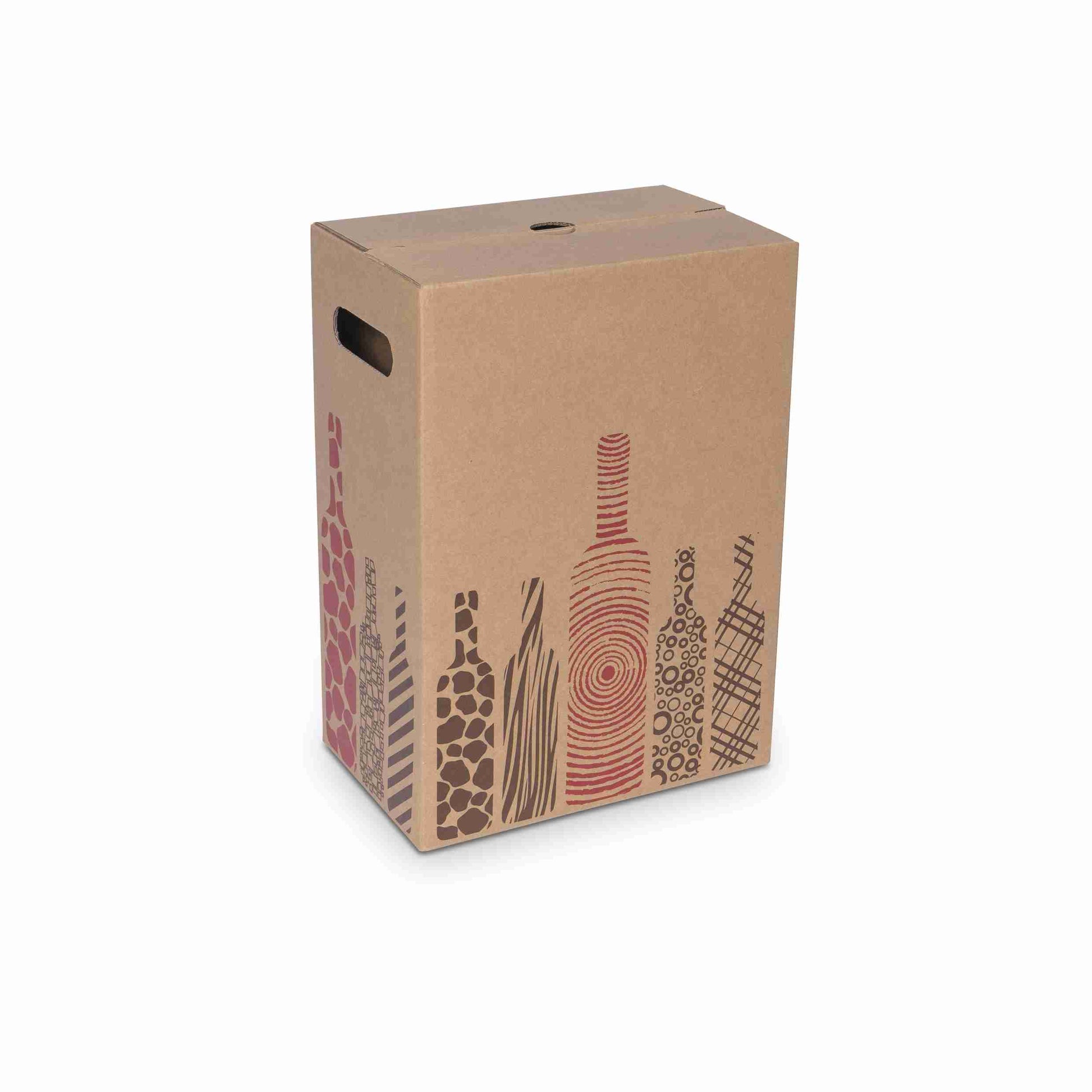 Model Weinversandkarton – für 6 × 0,75 l, max. 350 mm & Ø80 mm – 250 × 160 × 350 mm, Einlage, Grifflöcher – 1 Stk., ab 300 Stk.
