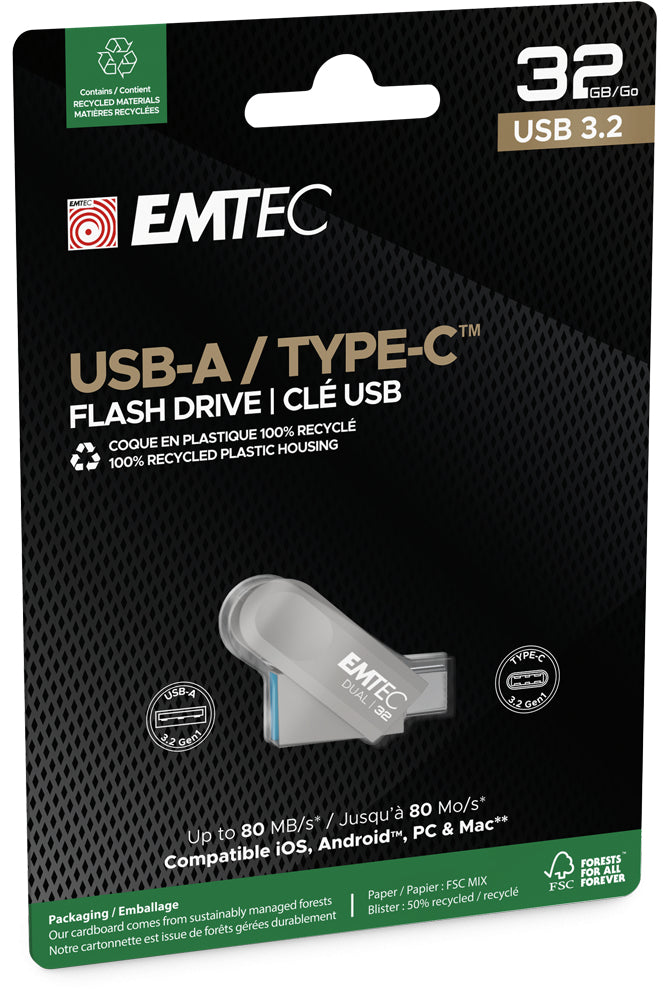 Emtec D280 Dual USB-Stick – 32 GB, USB 3.2, Gehäuse aus 100% recyceltem Kunststoff