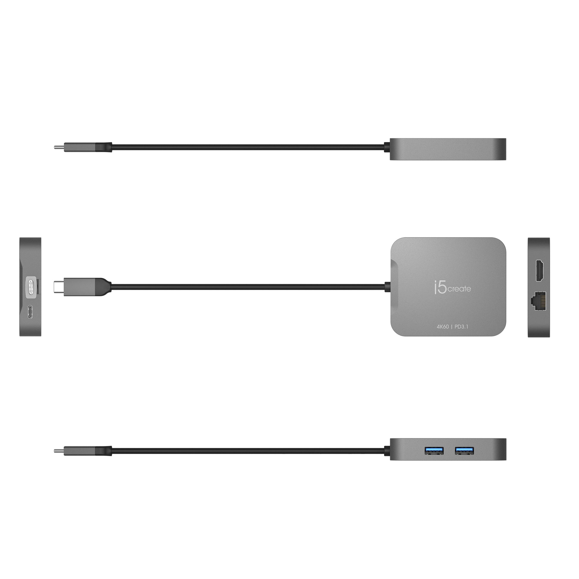 j5create JCD3191-N Multiport-Adapter – USB-C, 1× HDMI, 2× USB-A, 140 W PD, GbE, für Windows/Mac