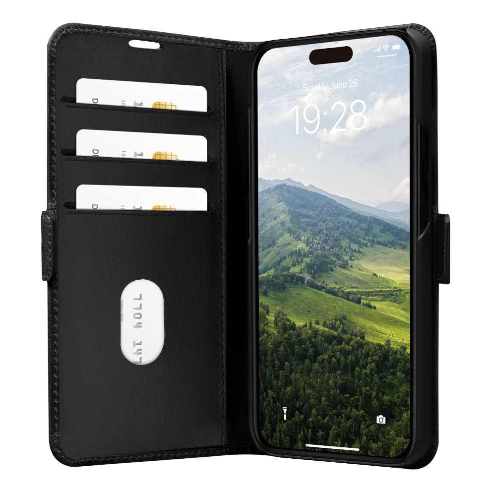 dbramante1928 Copenhagen Wallethülle – für Apple iPhone 15 Pro, mit Ständer, 3 Kartenfächer, Leder, Schwarz