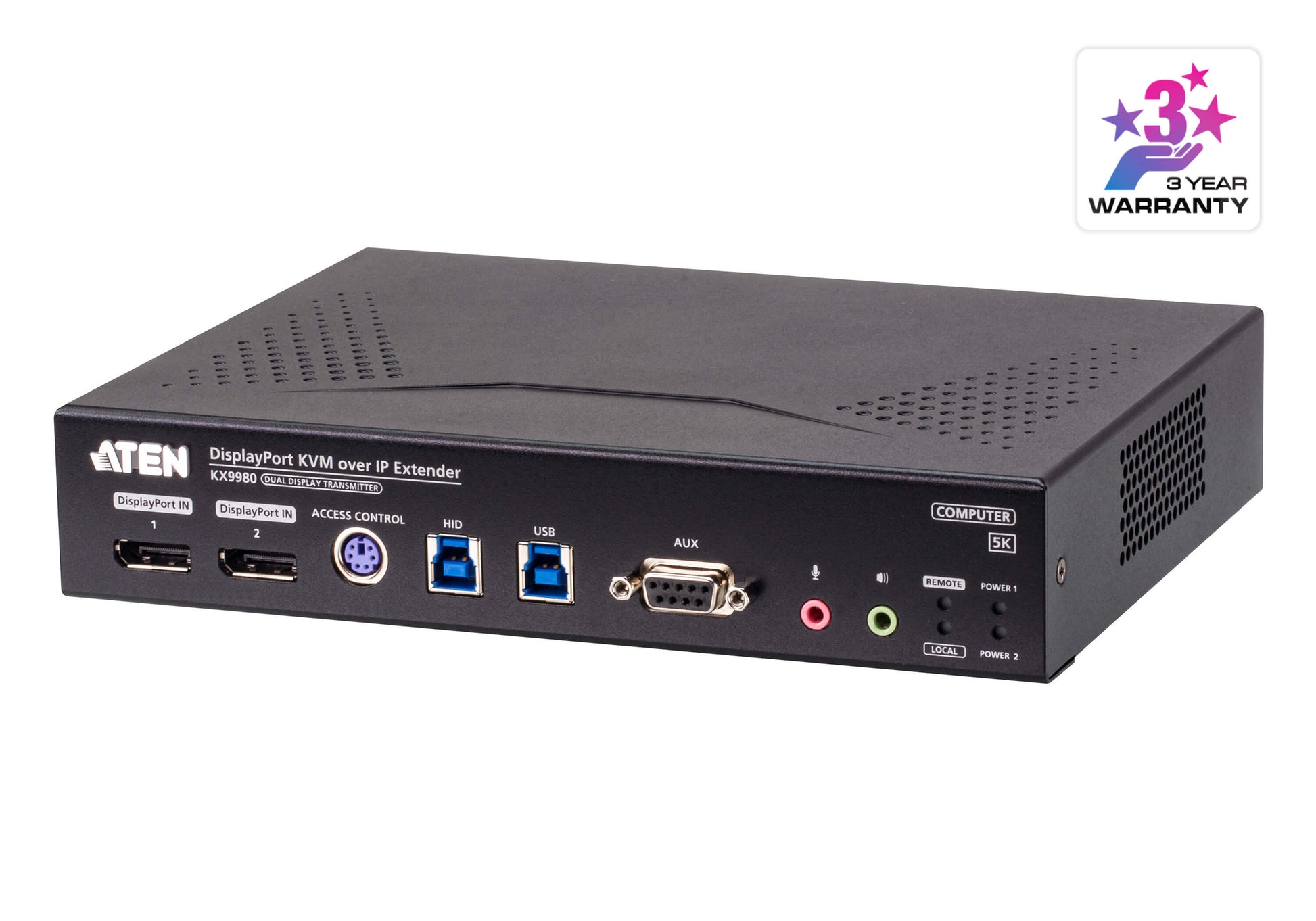 ATEN KX9980T – KVM-over-IP-Sender, über IP, 2× DisplayPort, 5K@30 Hz, 10 km (mit SFP+), HDR, USB-KVM, Schwarz