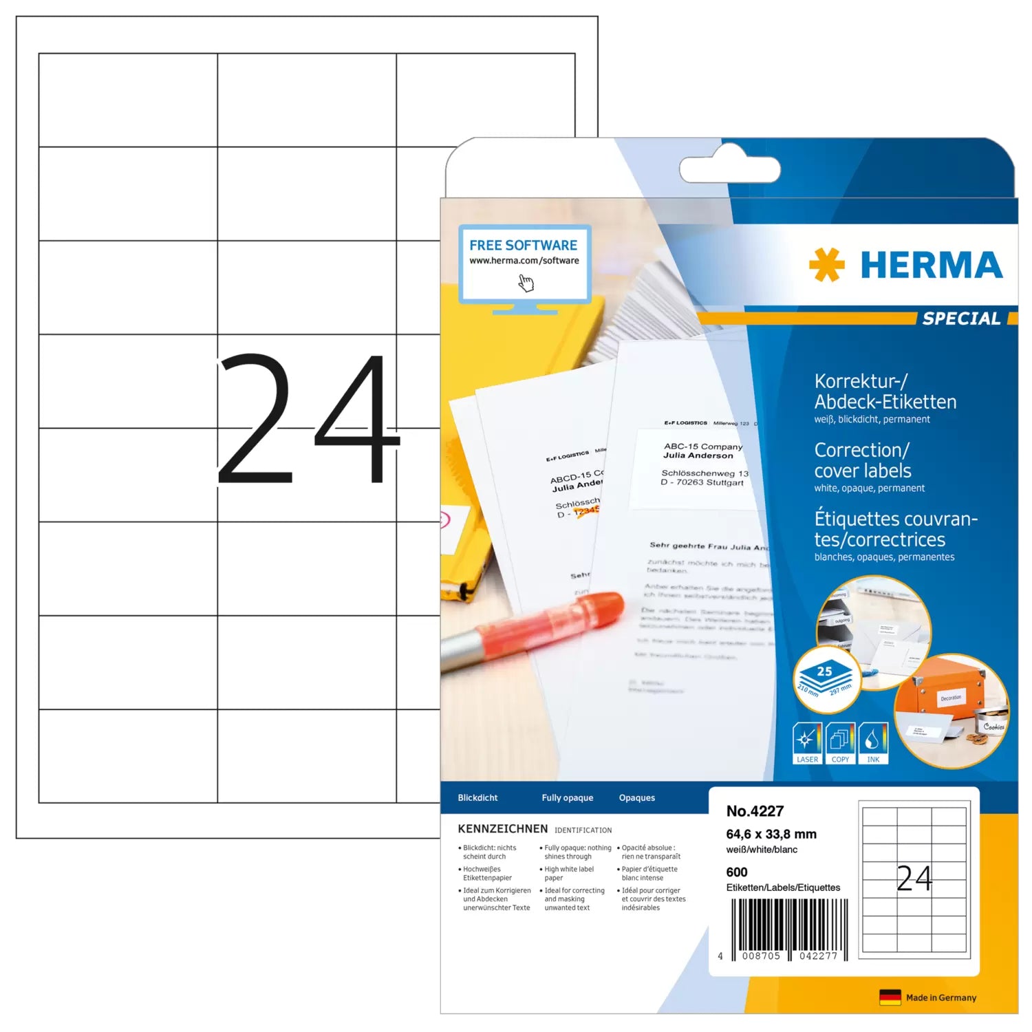HERMA Druckeretiketten, 65 mm × 34 mm, weiss, Papier, permanent, 25 Blatt (600 Etiketten)
