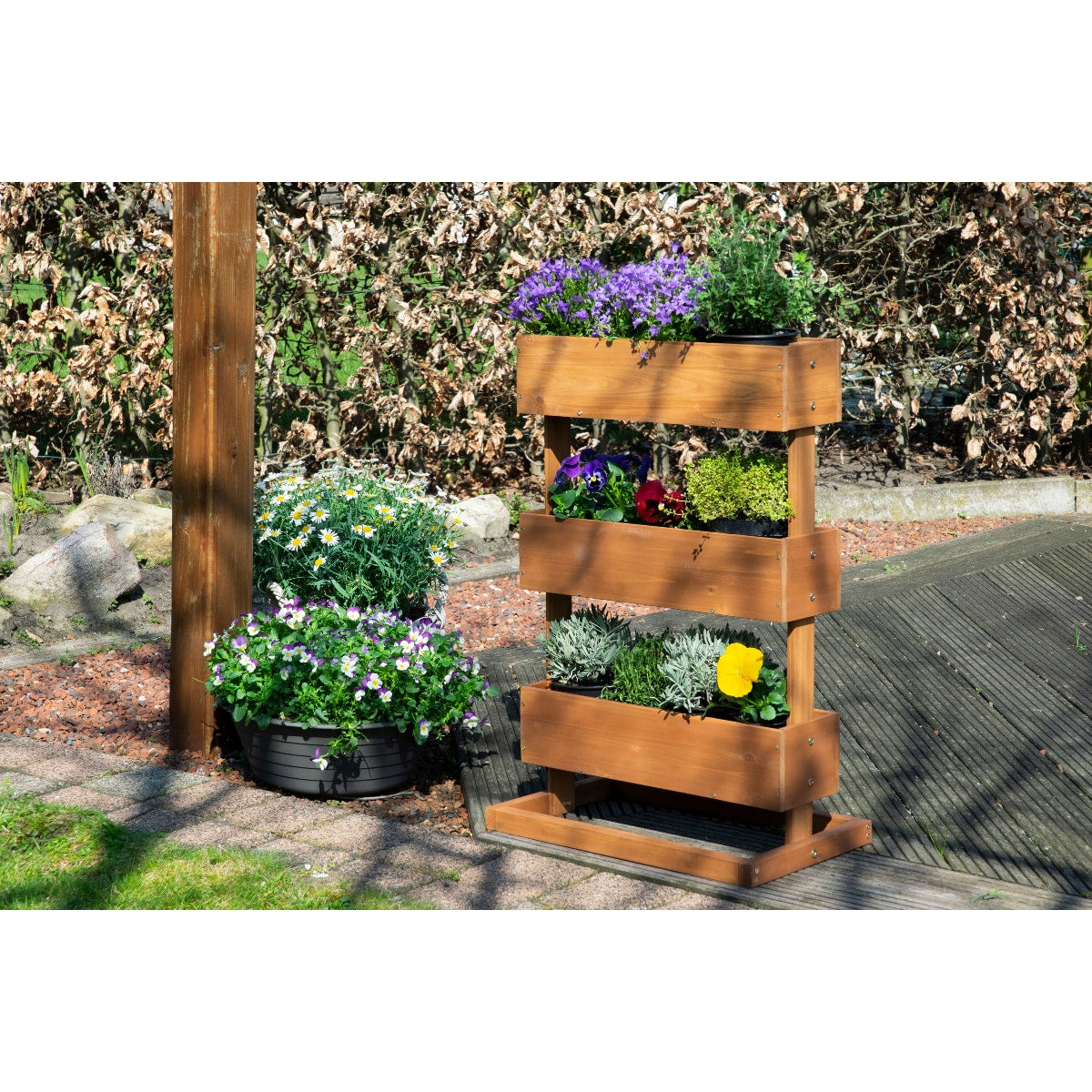 Dobar Pflanzbeet – 49,5 × 78 × 30 cm – Kiefernholz & Kunststoff, Braun, 3 Sektionen