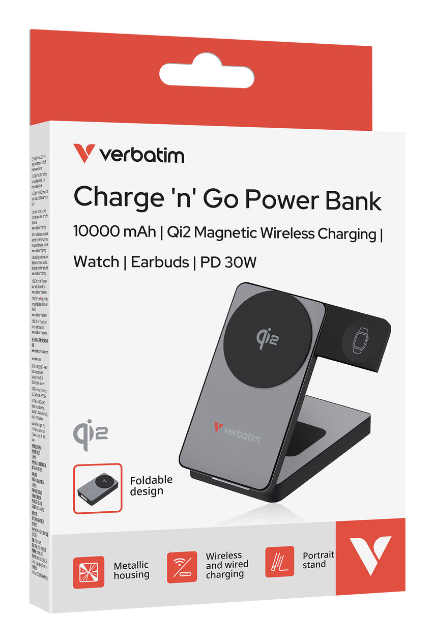 Verbatim Charge 'n' Go Qi2 Magnetische MagSafe Powerbank 10'000 mAh – 30 W PD, Qi2 15 W, 1× USB-C, grau