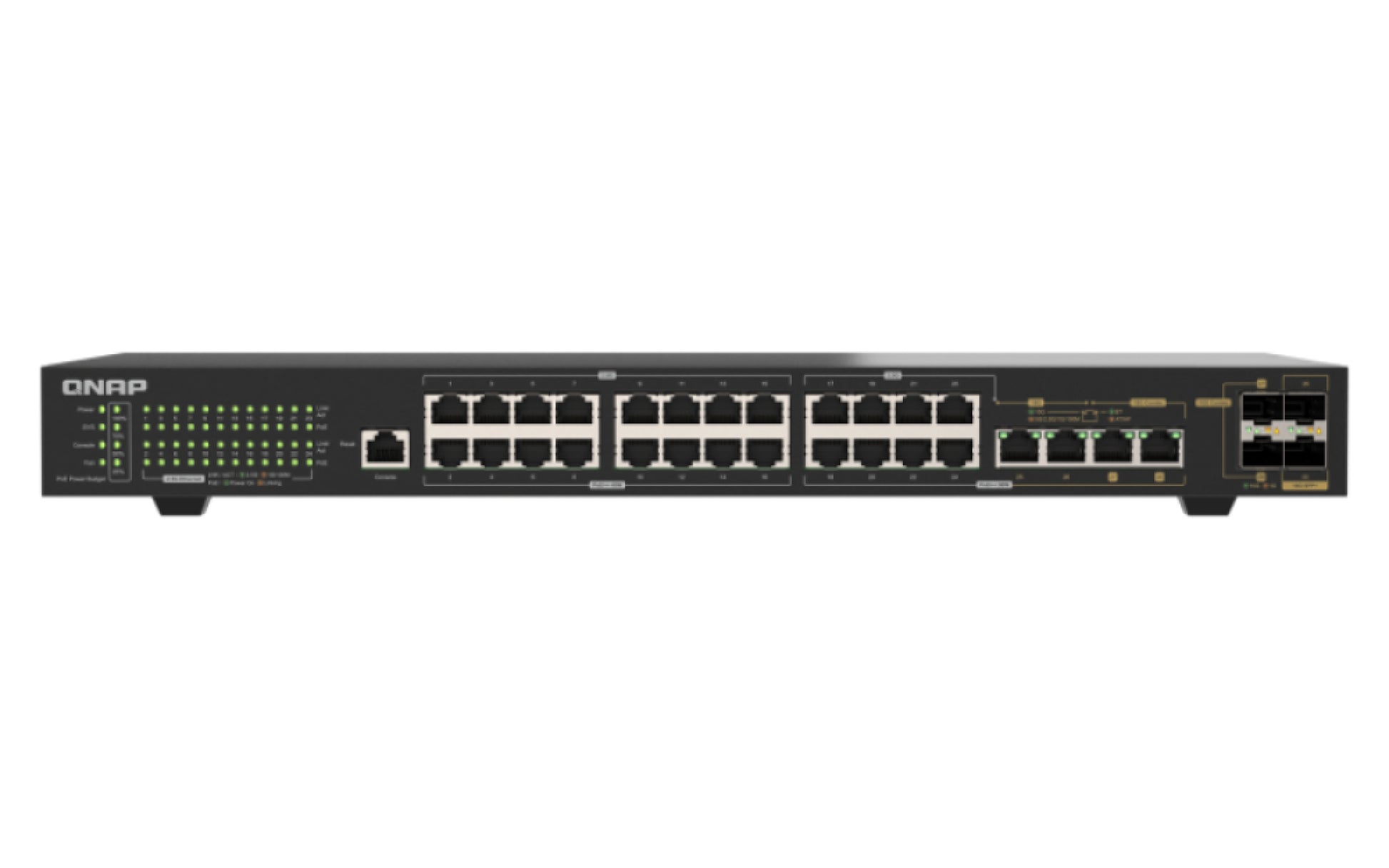 QNAP QSW-M2130P-2C2S26T – Managed L2 Switch – 24× 2.5G + 2× 10G, 2× SFP+, PoE/PoE++, PoE-Budget 375 W, 1U