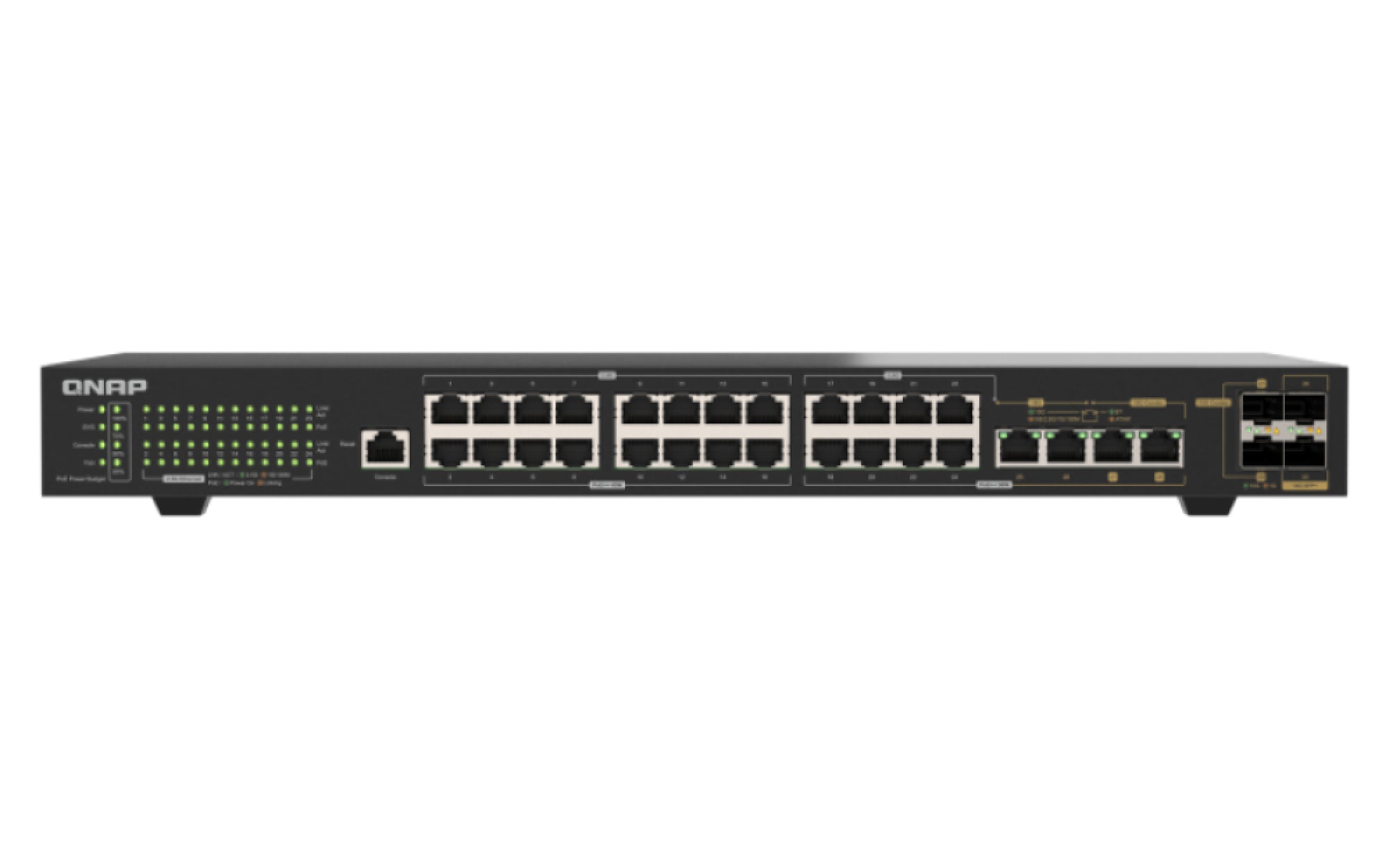 QNAP QSW-M2130P-2C2S26T – Managed L2 Switch – 24× 2.5G + 2× 10G, 2× SFP+, PoE/PoE++, PoE-Budget 375 W, 1U
