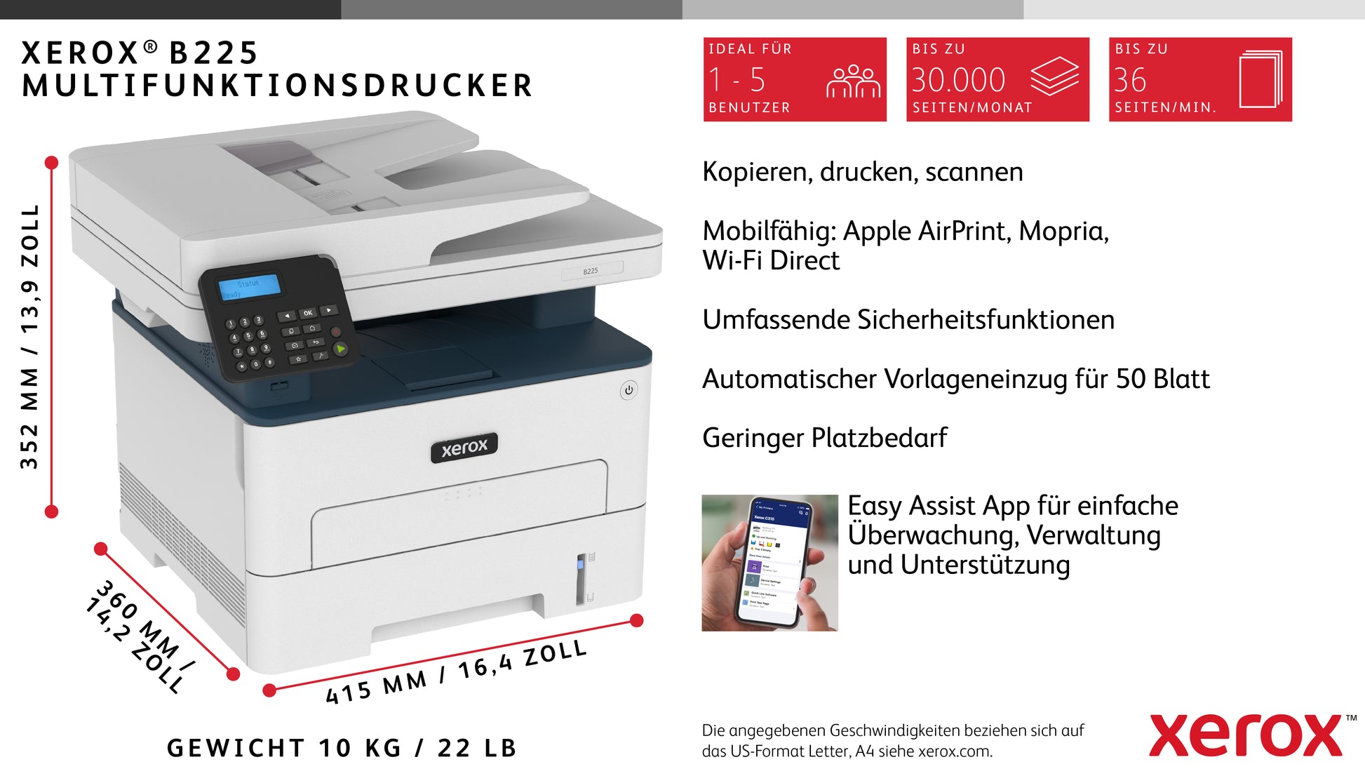 Xerox B225 – SW Laser-Multifunktionsdrucker, A4, 3-in-1, Duplex, ADF, WLAN/LAN, AirPrint, Mopria