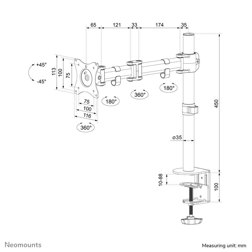 Neomounts NM-D135SILVER – Monitorarm Tischhalterung – Klemme/Durchführung – 1 Monitor – 10–30" – VESA 75×75/100
