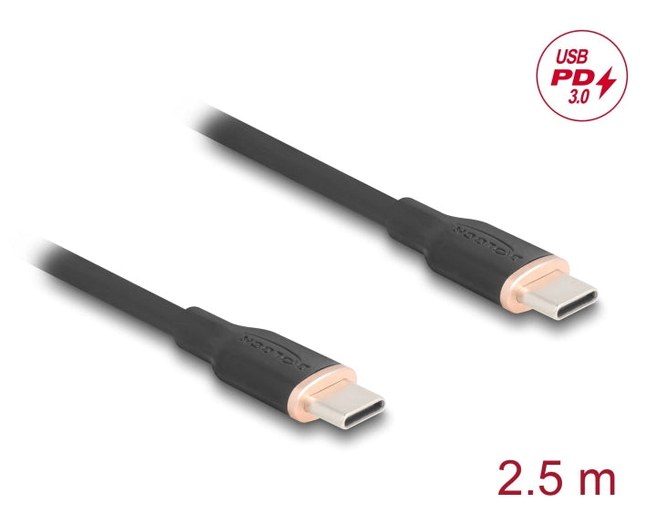 DeLOCK USB-C auf USB-C Kabel – USB 2.0 (480 Mbit/s) – 2,5 m – PD 60 W – Silikon, Goldstecker – Schwarz